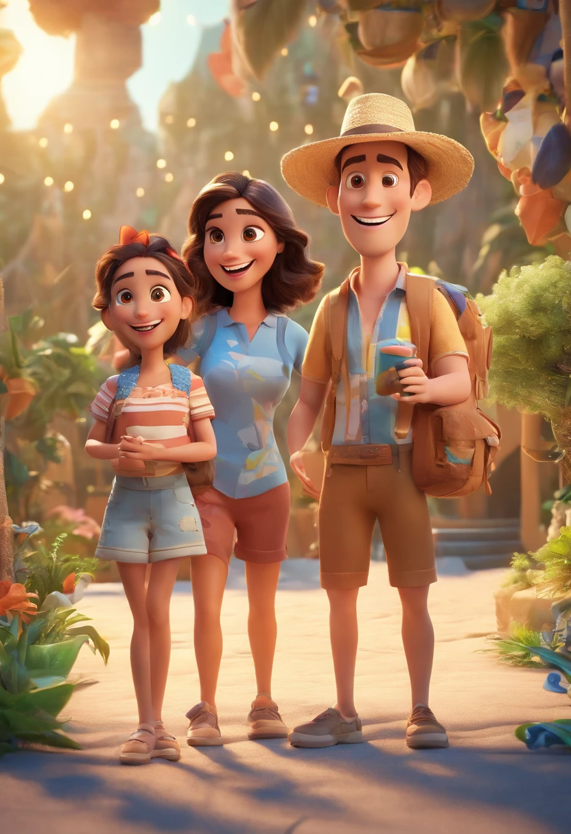 Cartoon of friends having fun on vacation together, 3D Animation Movie Poster, Poster de filme animado, pixar 3 d animation style, pixar renderman rendering, maia 8 mil, animated film, Disney Pixar Estilo 3D, amigos felizes saem juntos, all wearing light blue shirts and cream brown long pants, camisa azul clara, cream brown pants, ao ar livre, vacation, Disney Pixar Animation Poster