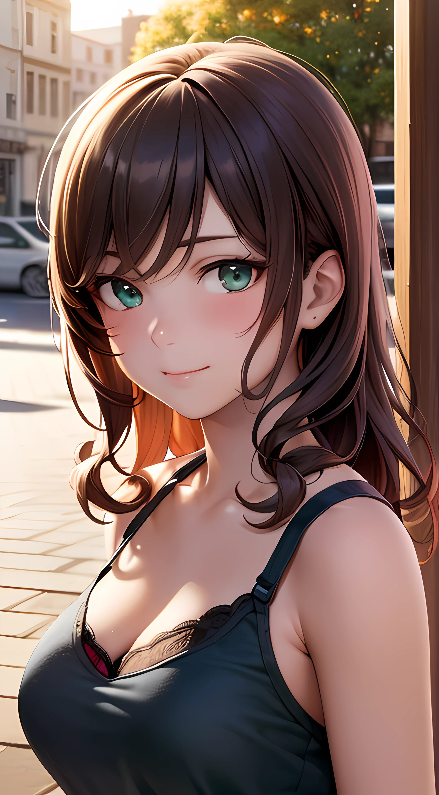 ((masterpiece, best quality, highres, UHD, perfect pixel, depth of field, 4k, RTX, HDR)), 1girl, single, solo, 24 years old, beautiful anime girl, beautiful artstyle, anime character, ((long hair, bangs, brown hair, curly hair)), (green eyes:1.4, rounded eyes, beautiful eyelashes, realistic eyes), (detailed face, blushing:1.2), (smooth texture:0.55, realistic texture:0.65, photorealistic:1.2, cinematic, anime CG style), medium breasts, perfect body, busty, (dynamic angle, POV, close up), ((summer clothes, tanktop, lingerie, bra, panties, underwear)), (outdoor, city buildings), ((summer, autumn, natural light, sunrise)), sly smile