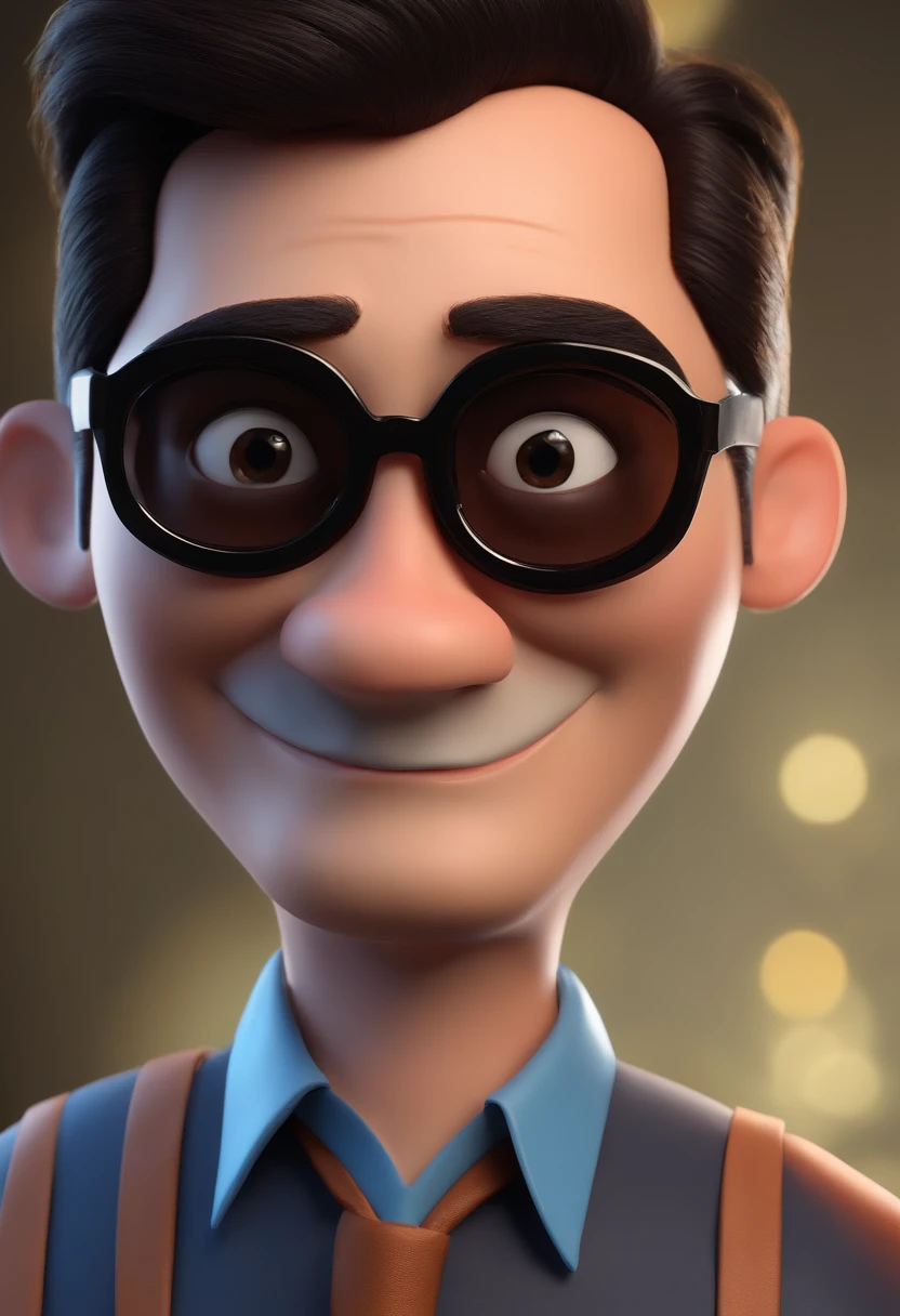 Cartoon character of a man with black glasses and a blue shirt, animation character, Caractere estilizado, animation style rendering, 3D estilizado, Arnold Maya render, 3 d render stylized, toon render keyshot, Personagem 3D, Personagem 3D, 3d rendering stylized, 3 d character render, personagem de desenho animado, Personagem de close up, Pose de personagem,  (Estilo Pixar) (master part:1.2) (Bokeh) (best quality) (pele detalhada) (textura detalhada) (8k) (argila) (Cinematic lighting) (foco nítido
