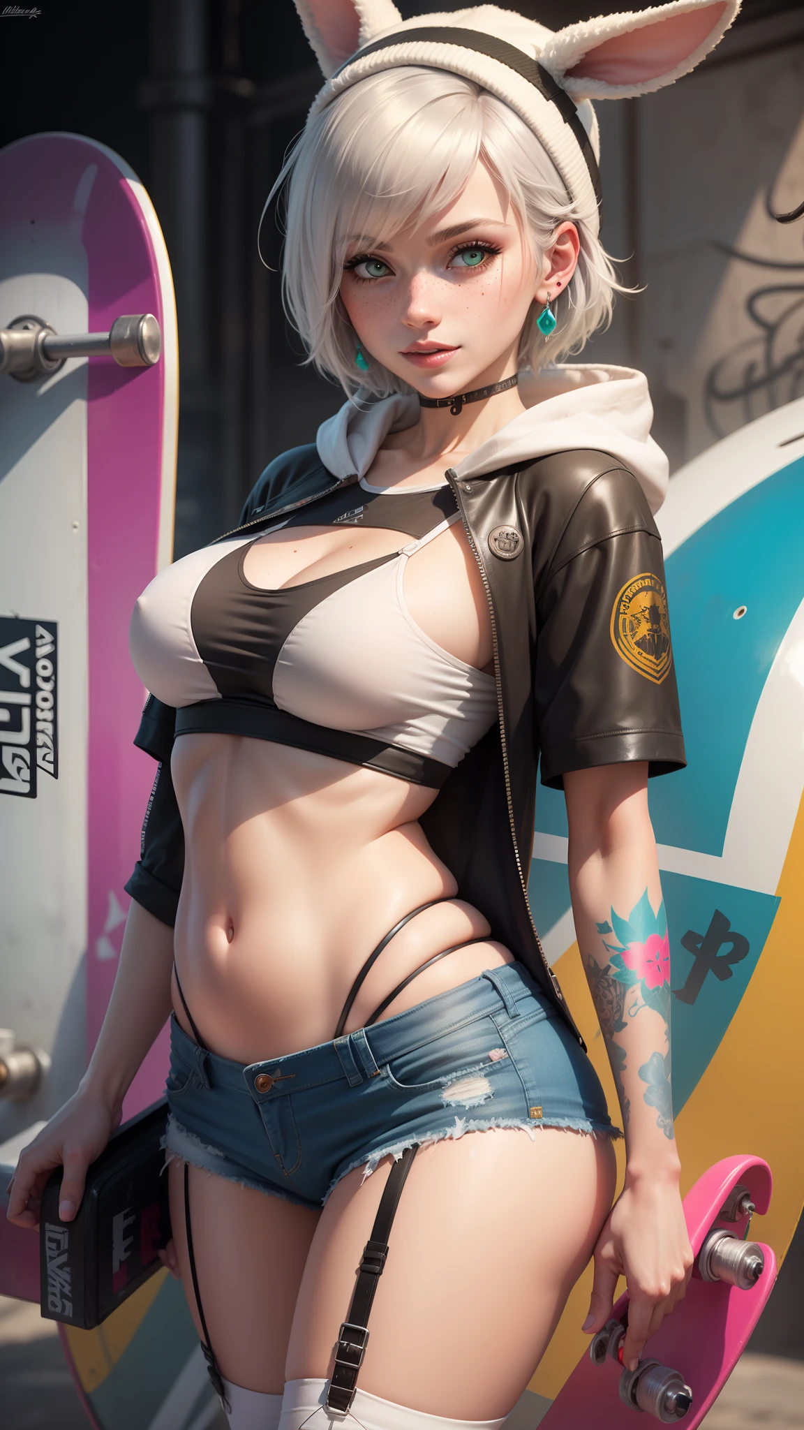 gwen tennyson,tracer,yorha 2b,y'shtola rhul,overwatch,nier automata,mecha pilot,skatepark,tattoos,orange and pink plugsuit,white short sleeve top,denim micro shorts,garter belt, uncovered belly,short hair,cute makeup,green eyes,dimensional silver hair,sexy smile,freckles,beautiful girl,large breasts,8k,ultra detailed, realistic,fantasy art,skater uniform,ear piercings,cyberpunk suit,saiyan girl, saiyan female,white short sleeve sport hoodie,bunny ear beanie,skate ramps, graffiti wall art,skate board,multicolored hair,