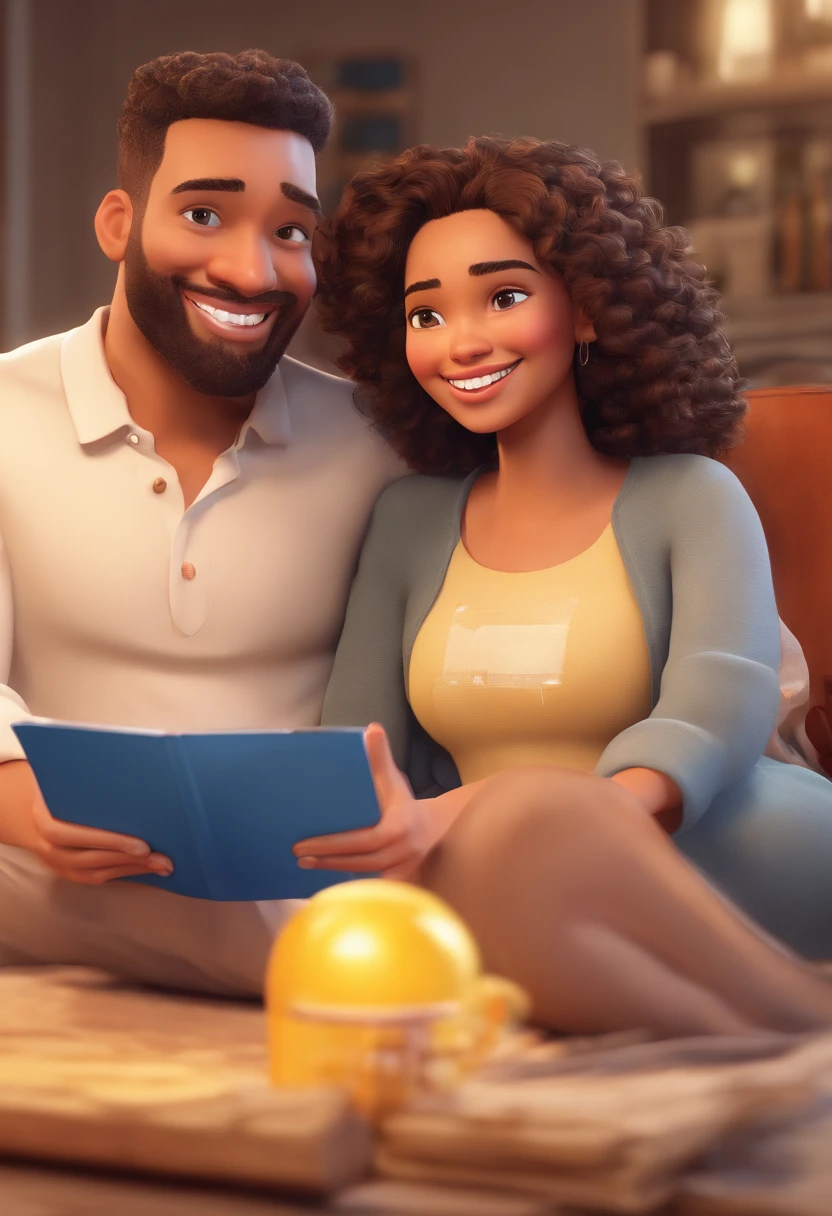 An illustration of an adorable couple, Highlight for a smiling slender brunette man and a brunette pregnant woman with beautiful expressive eyes - the man's skin is mulatto and the man's hair haswhile the woman's skin is mulatto and the woman's hair is straight and brown and long. They are a bright room, cada um com um sorriso no rosto, e compartilhar um momento especial caracterizado pelo amor, Insights. Illustrate this scene from a perspective where they are facing the camera, Smiling and Showing Your Connection. Desenvolva esta arte em Full HD, Focus on your cinematic touch, Estilo Disney Pixar Animations