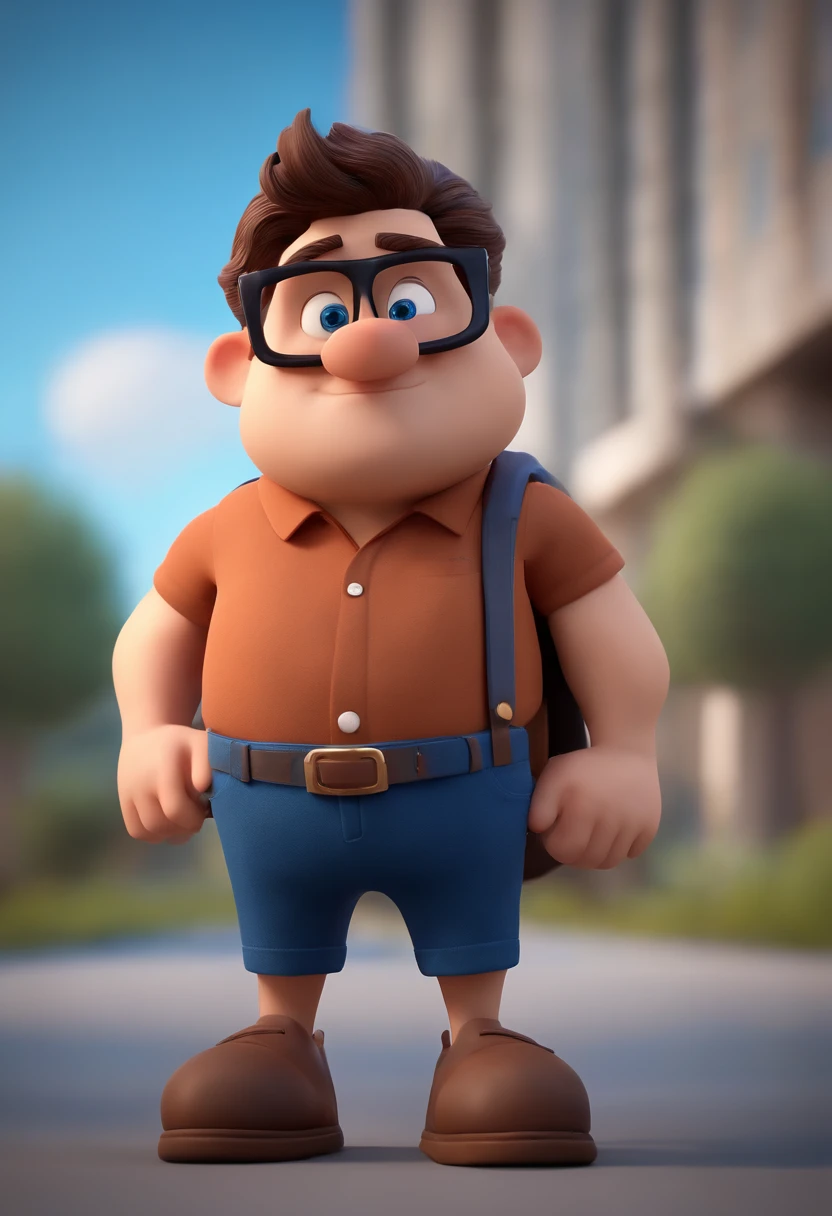 Cartoon character of a man with black glasses, cabelo cacheado marrom escuro e uma camisa azul, animation character, Caractere estilizado, animation style rendering, 3D estilizado, Arnold Maya render, 3 d render stylized, toon render keyshot, Personagem 3D, Personagem 3D, 3d rendering stylized, 3 d character render, personagem de desenho animado, Personagem de close up, Pose de personagem,  (Estilo Pixar) (master part:1.2) (Bokeh) (best quality) (pele detalhada) (textura detalhada) (8k) (argila) (Cinematic lighting) (foco nítido