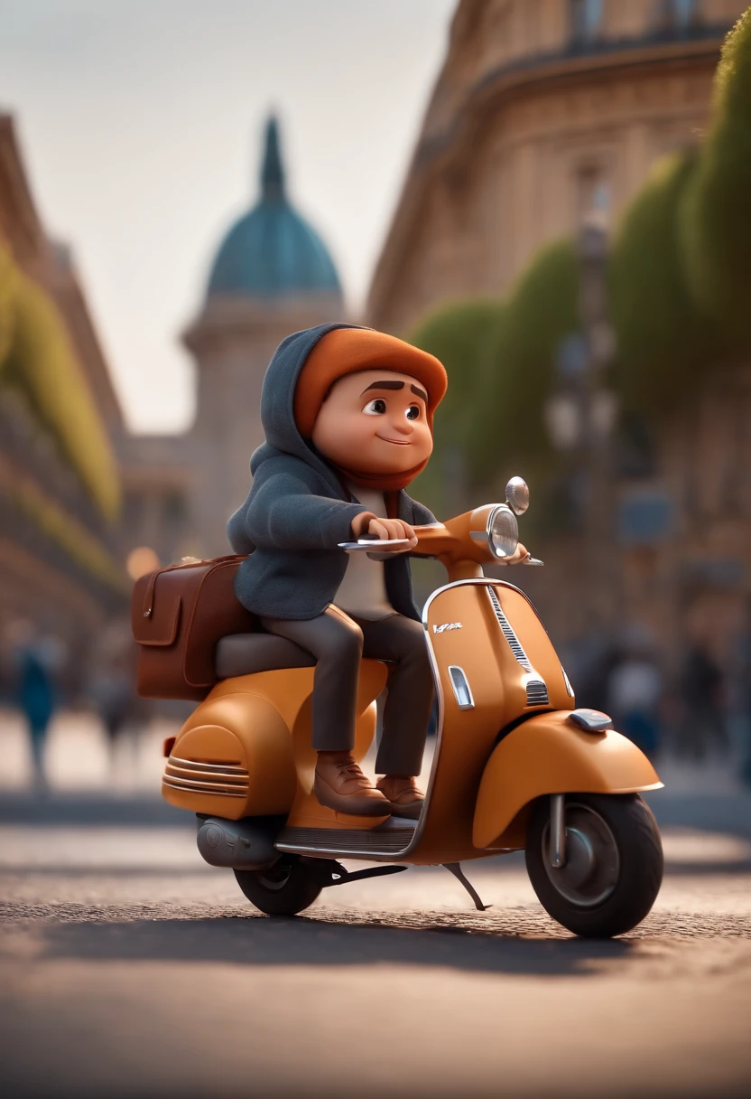 Cartoon character of man , snapbag, hoodie, riding a Vespa rusty, the Arc de Triomphe (Pixar Style) (master part: 1.2) (Bokeh) (best quality) (detailed skin) (detailed texture) (8k) (clay) (Cinematic lighting) (sharp focus)