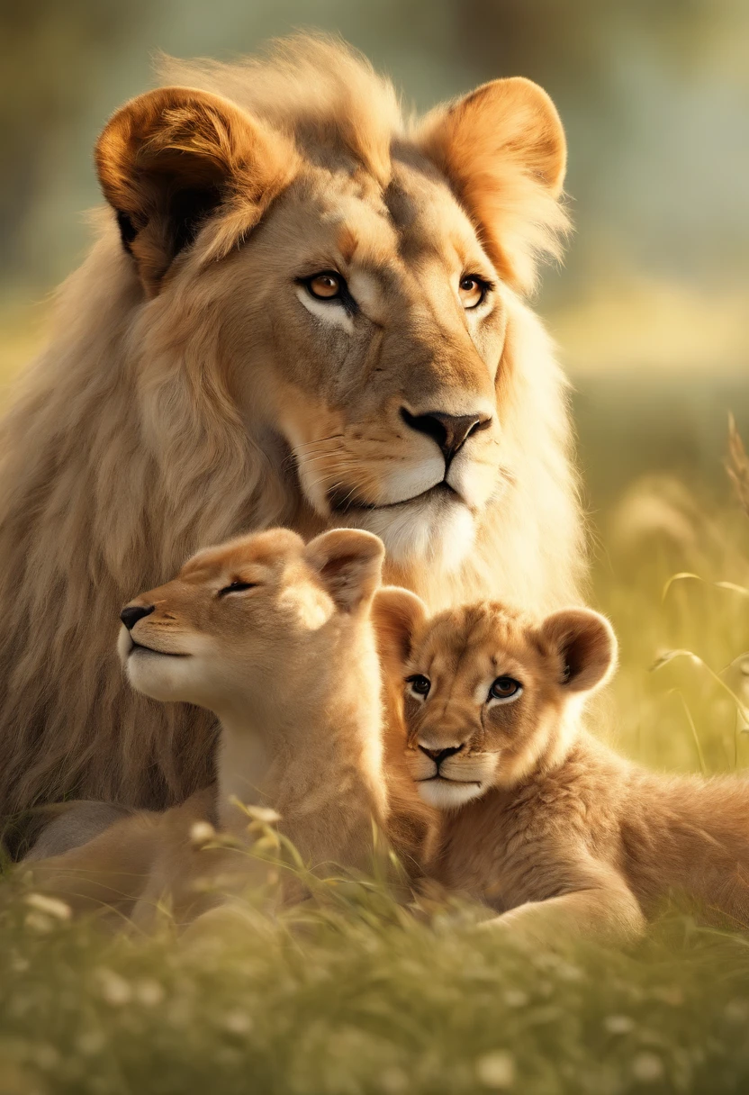 (Ultra-detailed, hight resolution:1.2), Realistic, detailed fur, Adorable lamb, Playful lion, lush grass, Peaceful Meadow, gentle sunlight, Warm color palette, Fun interaction, Cute and innocent, Harmonious scene, Animal friendship