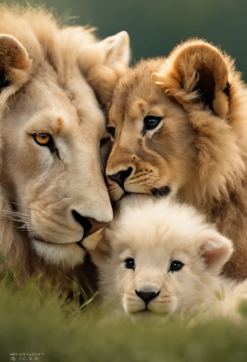 (Ultra-detailed, hight resolution:1.2), Realistic, detailed fur, Adorable lamb, Playful lion, lush grass, Peaceful Meadow, gentle sunlight, Warm color palette, Fun interaction, Cute and innocent, Harmonious scene, Animal friendship