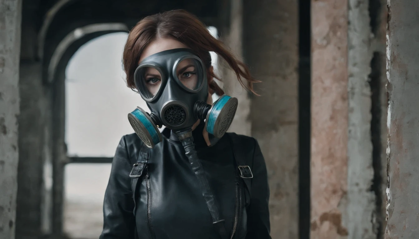 half body shot of a woman with an anti-gas mask in an abandoned factory, dark ambient, industrial aesthetic, techno aesthetic, techno fashion, horror movie, cinematic, ultra detailed, masterpiece.