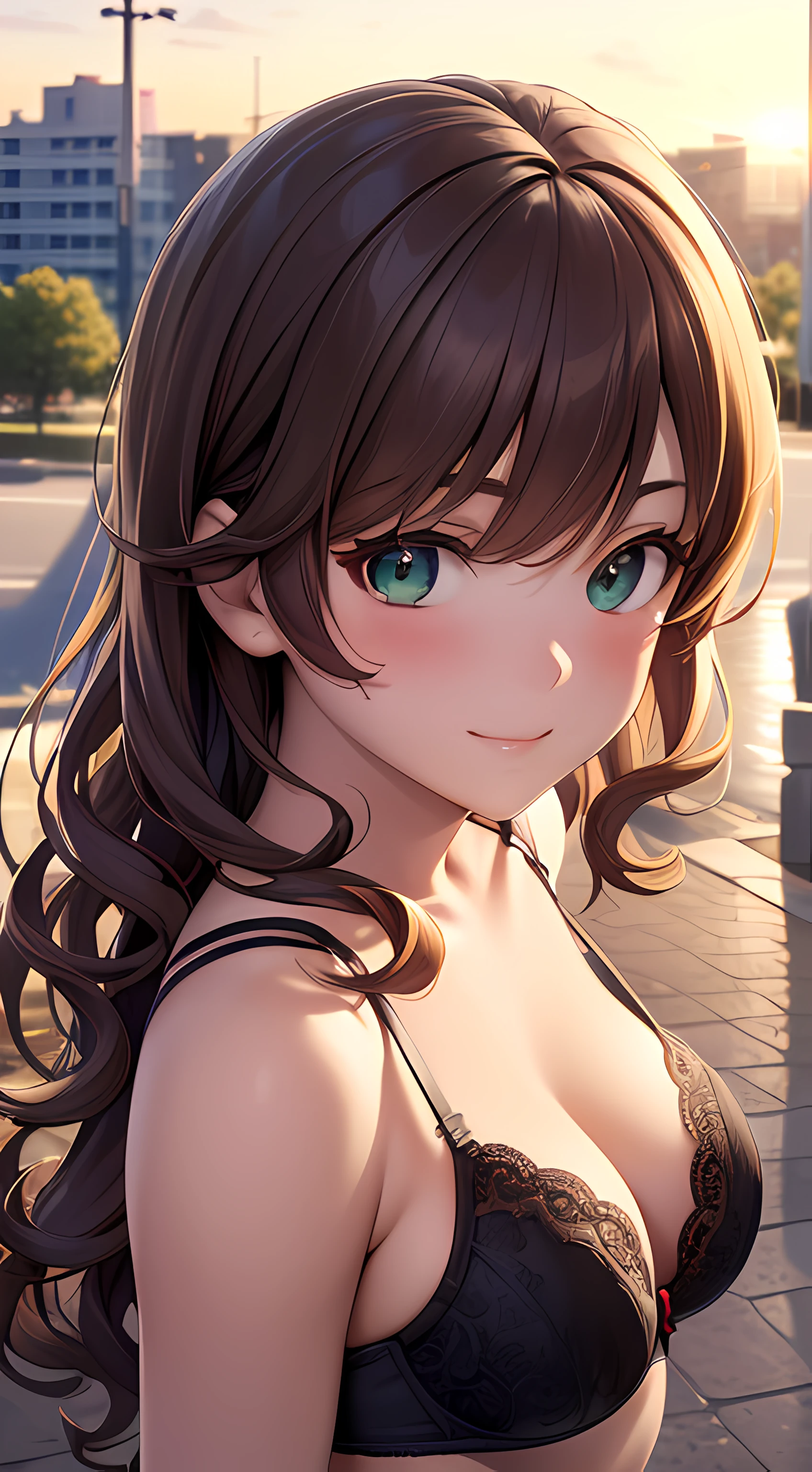 ((masterpiece, best quality, highres, UHD, perfect pixel, depth of field, 4k, RTX, HDR)), 1girl, single, solo, 24 years old, beautiful anime girl, beautiful artstyle, anime character, ((long hair, bangs, brown hair, curly hair)), (green eyes:1.4, rounded eyes, beautiful eyelashes, realistic eyes), (detailed face, blushing:1.2), (smooth texture:0.55, realistic texture:0.65, photorealistic:1.2, cinematic, anime CG style), medium breasts, perfect body, busty, (dynamic angle, POV, close up), ((summer clothes, tanktop, lingerie, bra, panties, underwear)), (outdoor, city buildings), ((summer, autumn, natural light, sunrise)), sly smile