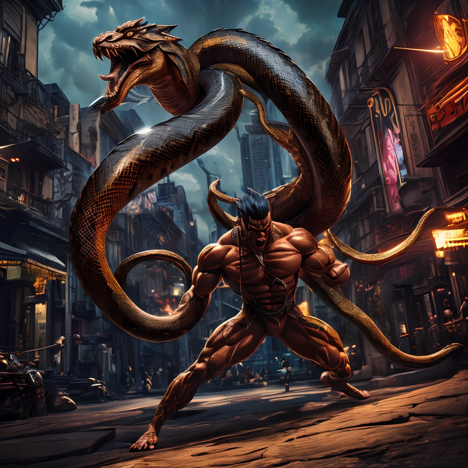 (best quality,ultra-detailed,realistic:1.37),anime,2-headed snake man,shimmering scaled body,thick tail instead of legs,vibrant colors,expressive face,sharp fangs,twisted pose,menacing appearance,glowing eyes,dark background,action scene