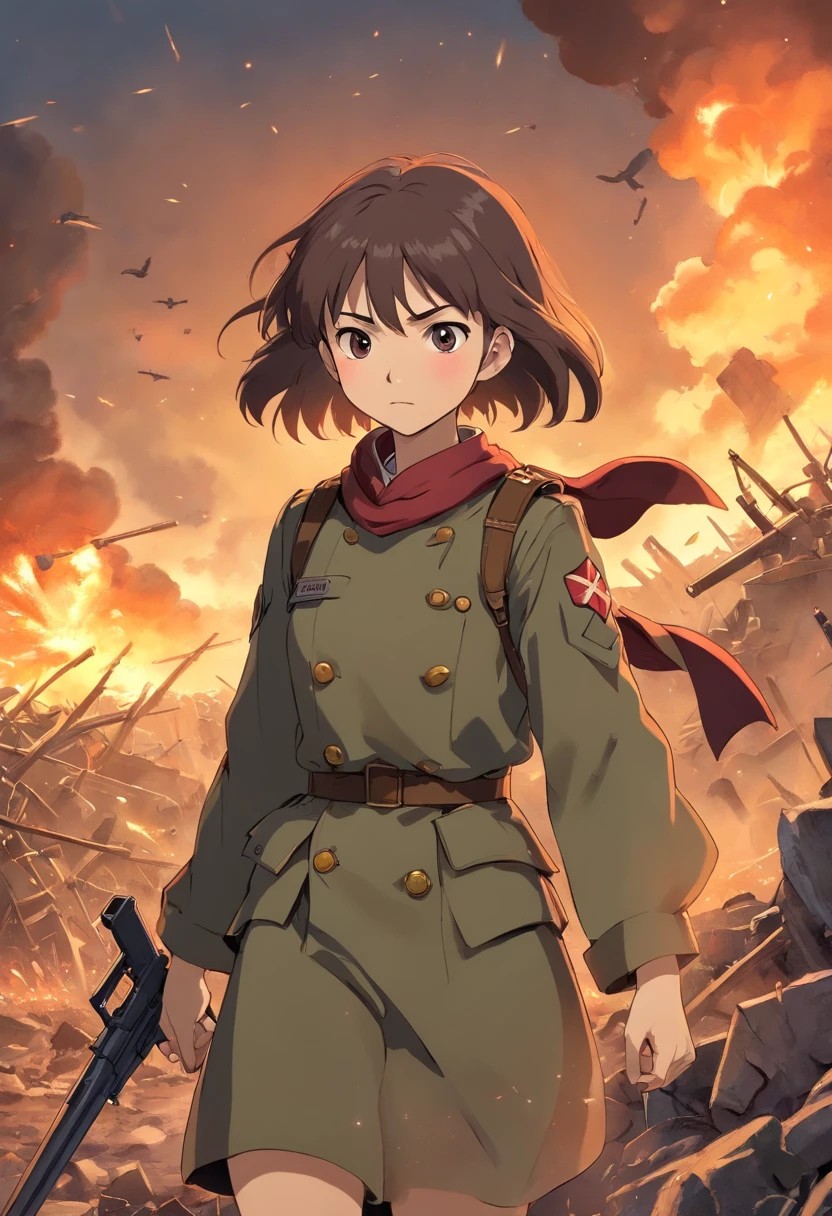 In a war-torn battlefield of the infamous Battle of Verdun, during the era of the German Empire's Second Reich, a female pervert soldier stands as a haunting symbol of adversity and resilience. Her piercing gaze and devilish smile capture both the insanity and twisted charm of the war. Dressed in a tattered German army uniform, she exudes a sense of both vulnerability and audacity. With each step she takes, the chaotic surroundings amplify her presence, amplifying the horrors of the battle. The scene is bathed in a somber and desolate color palette, reflecting the grim reality of war. The lighting casts long, dramatic shadows, accentuating the depth and intensity of the scene. The artwork itself is created using mediums that evoke a sense of gritty realism, such as detailed pencil sketches combined with digitally enhanced elements. The result is a high-quality, 4K masterpiece that captures the essence of the time period and the juxtaposition of the ordinary and the extraordinary in a war zone.