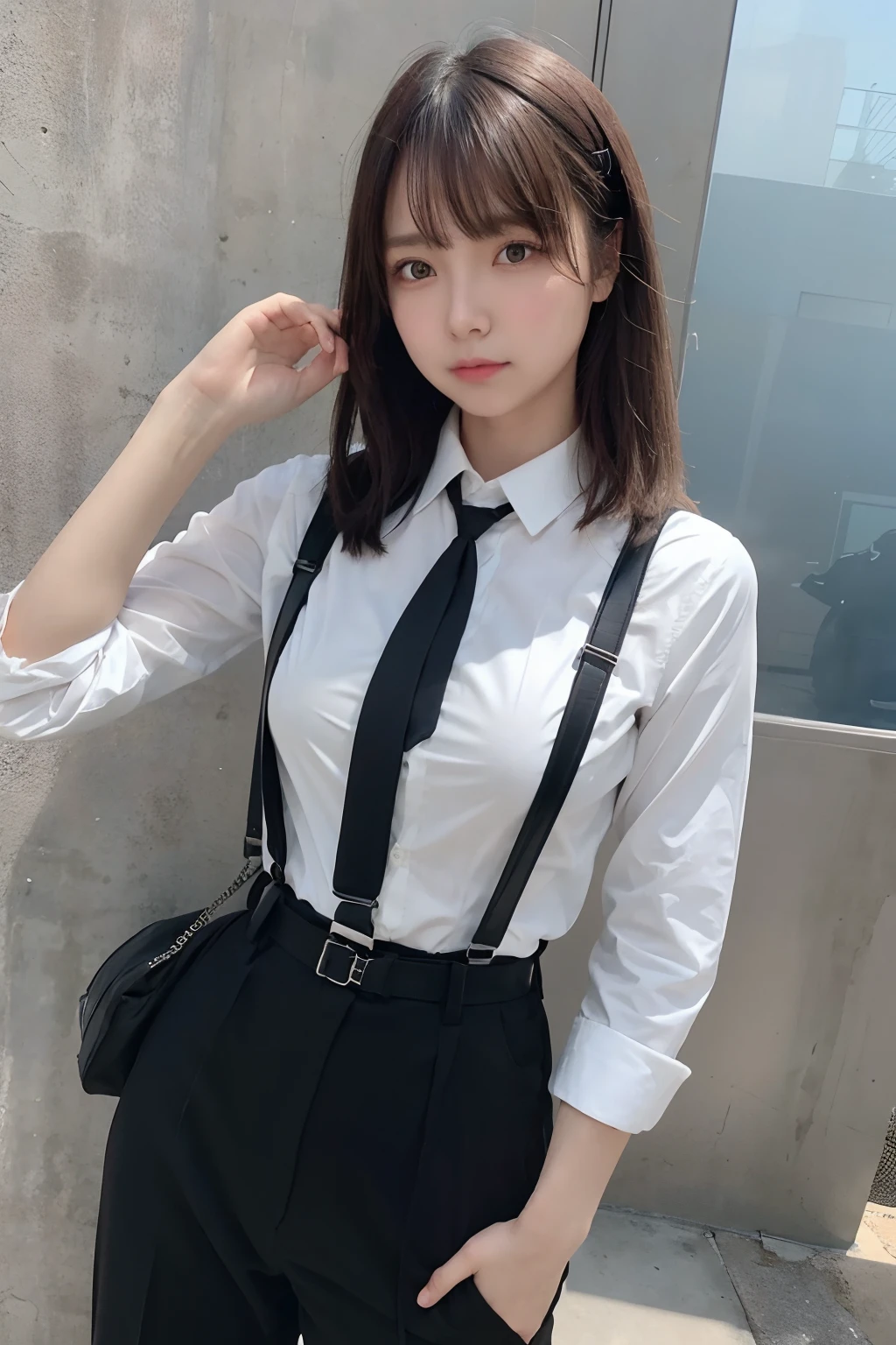 ​masterpiece、flat-colors、depth of fields、lens flare 1 girl、、Brown hair、watching at viewers　　　　a belt　black suspenders　Social OL　　　huge-breasted　　　 　 Armpit sweat　perspiring　Side of both hands　　walls: Black Suit　Black pants, Black jacket holster　arm　Leg holster　Gaze　　No tie　tiarra　No bangs　Small face