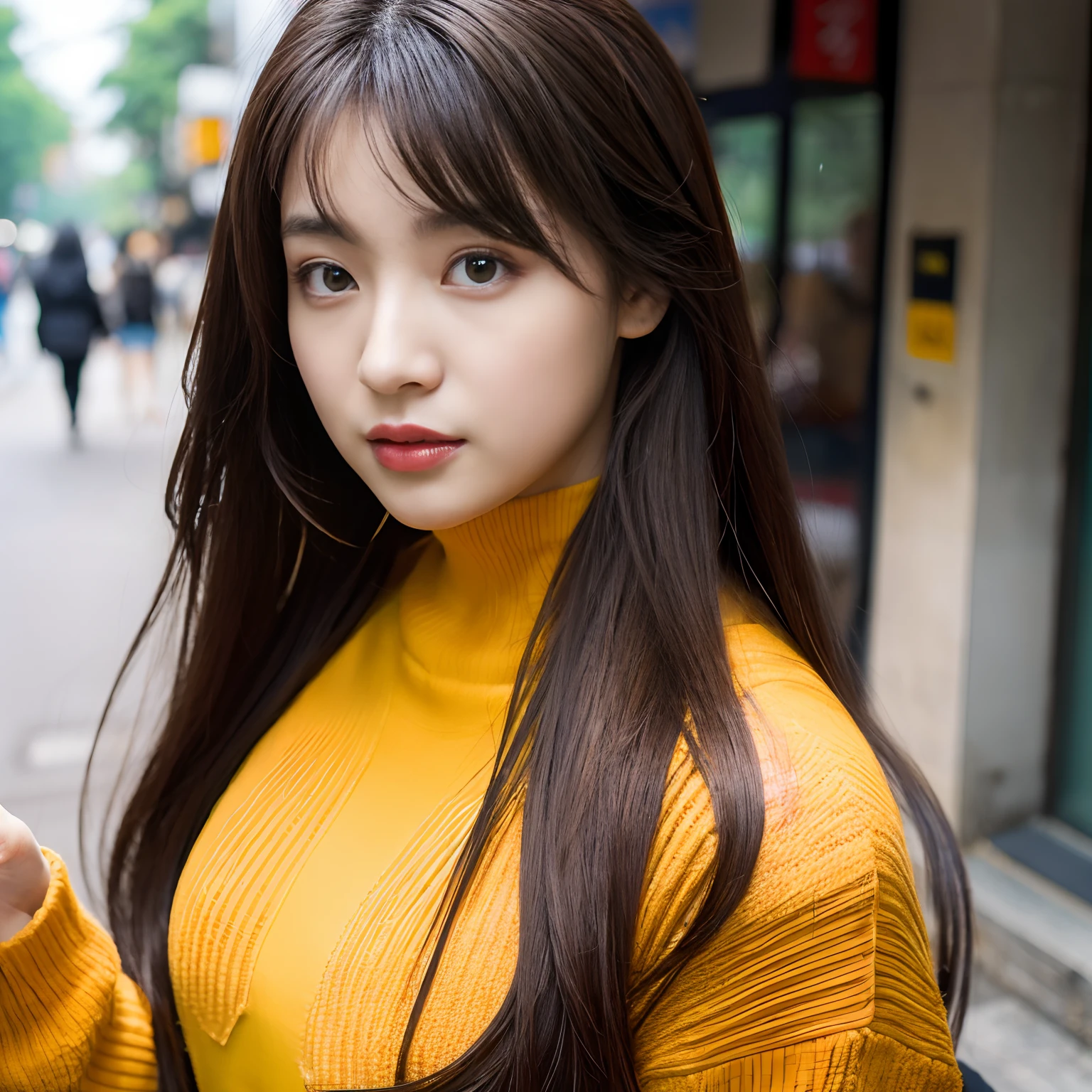 RAW photo of a girl、(masterpiece:1.1)、top-quality、超A high resolution、high detal、(Photorealsitic:1.4)、sharp、Focus、Details of face、(eyebrow piercing:1.1)、A detailed eye、A detailed face、1girl in、Long Sleeve Orange High Neck Knit、Black tight skirt、(A dark-haired:1.2)、posterior view、Wagas、takeout、a street、straight haired、Hair quality improvement