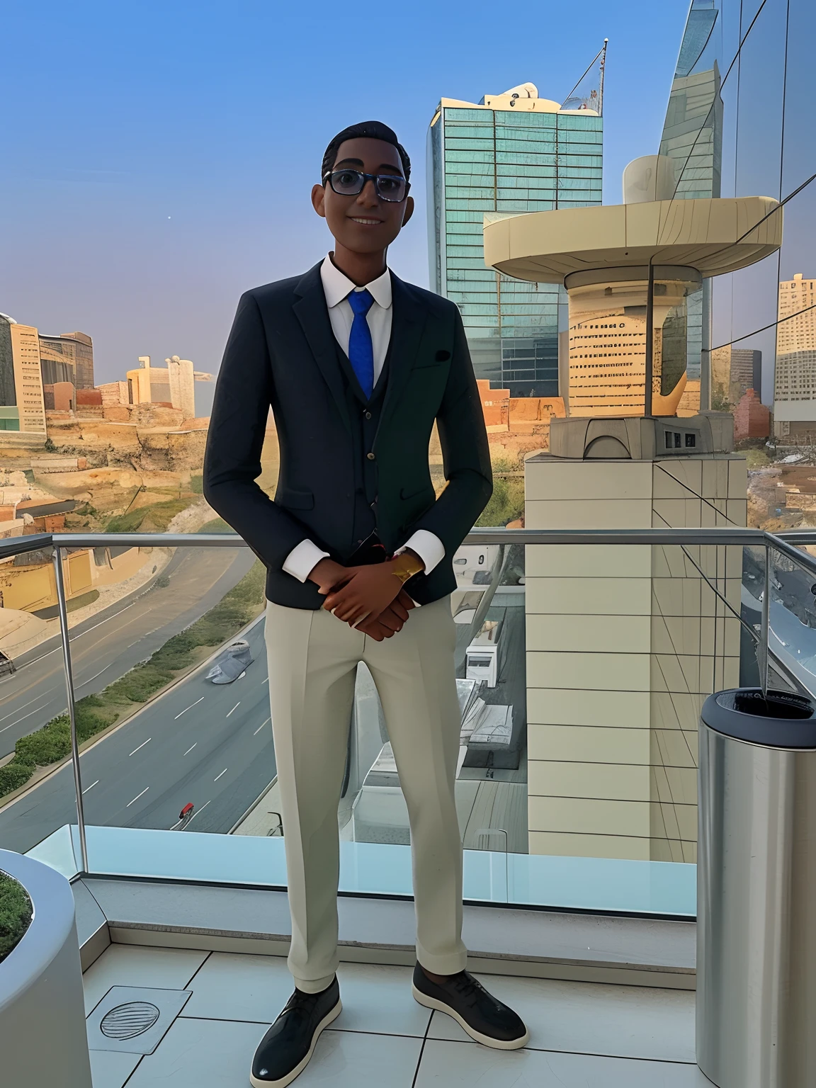 Grande investidor bonito de 18 anos , Corte de cabelo , wear round glasses with thin gold frames, olhos altamente detalhados,Frente, concordar, parece um chefe, whole body view, very detailed hands ,Figuras de brinquedo,best quality, Desenhos animados 3d,whole body view, fantasia, Sonho, Surrealismo, super fofo, trends at ArtStation