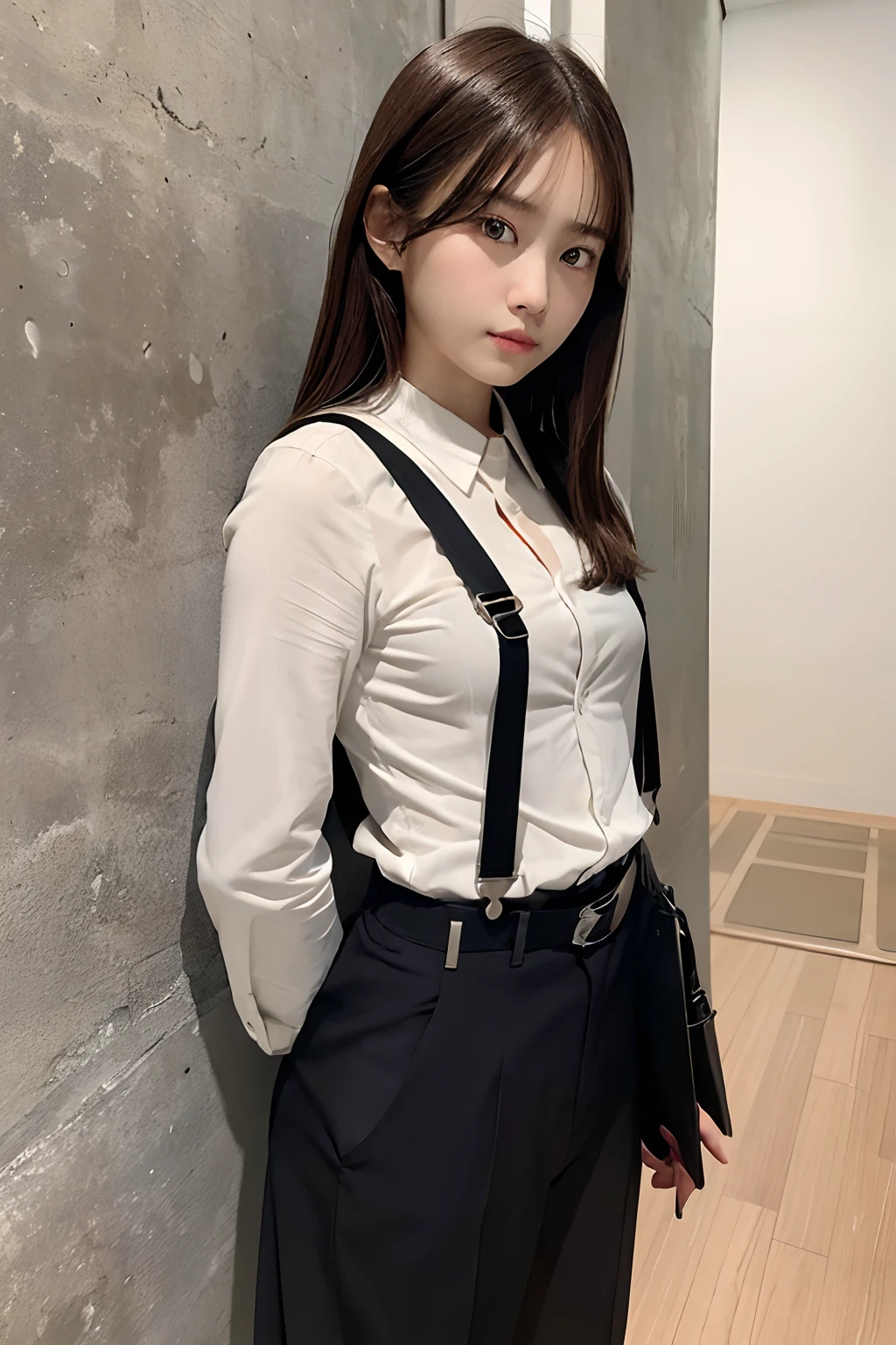masterpiece、flat-colors、depth of fields、lens flare 1 girl、、Brown hair、watching at viewers a belt black suspenders huge-breasted Armpit sweat perspiring Side of both hands walls: Black pants, Black jacket holster arm Leg holster arma Gaze Small face