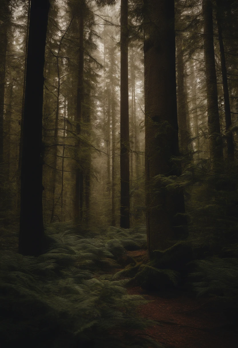 dark forest, tall trees, with a mysterious vibe