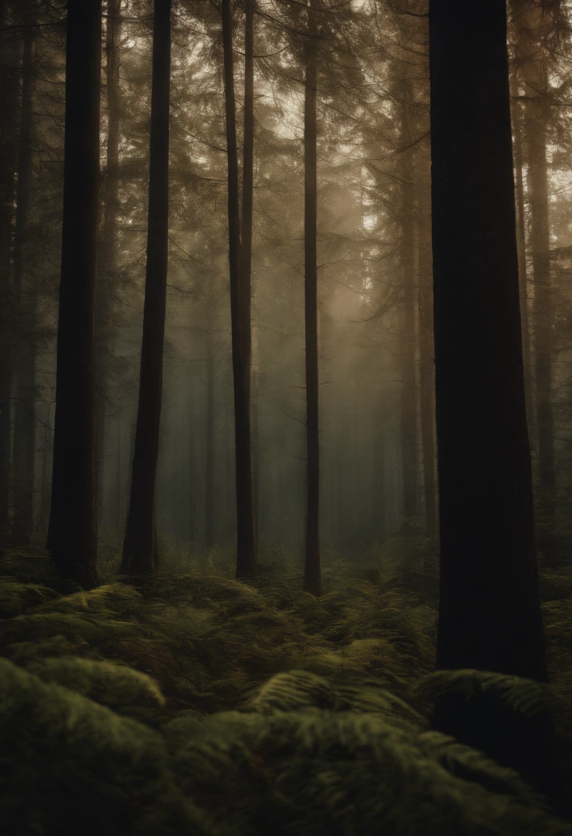 dark forest, tall trees, with a mysterious vibe