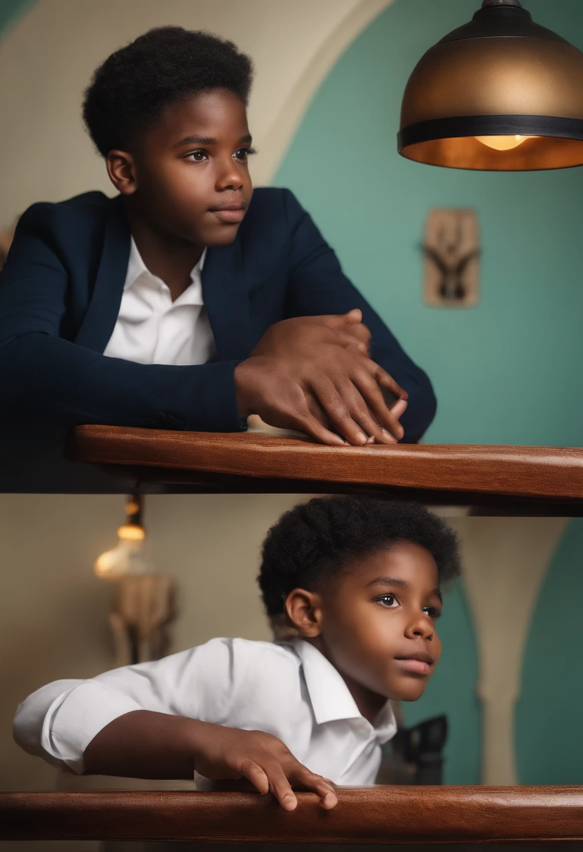 (1st grade) jovem negro, cabelo preto raspado, parecendo taylor Launer, barba perto do rosto bem feita, olhos vermelhos castanhos claros. Youtuber sitting in front of the camera looking shooting videos for his YouTube channel, quarto arrumado, com postes de terror nas paredes, hands with super details 5 fingers on each hand. On your table a hot coffee