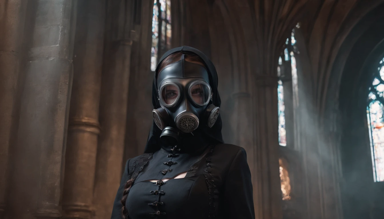 half body shot of a woman with an anti-gas mask in a gothic church, dark ambient, gothic aesthetic, techno aesthetic, techno fashion, horror movie, cinematic, ultra detailed, masterpiece.