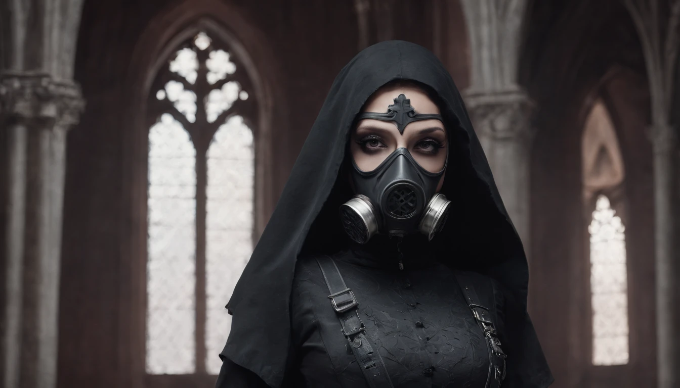 half body shot of a woman with an anti-gas mask in a gothic church, dark ambient, gothic aesthetic, techno aesthetic, techno fashion, horror movie, cinematic, ultra detailed, masterpiece.