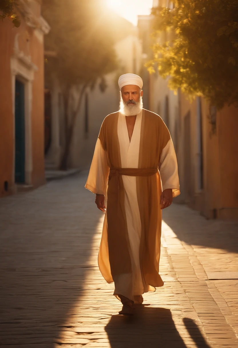 "A mature, bearded man walking in a Jewish neighborhood, tanned, serene expression, wearing long robes, religious attire, (best quality, 4k, highres, masterpiece:1.2), ultra-detailed, (realistic, photorealistic:1.37) portrait of, with extremely detailed facial features, traditional head covering, bustling street in the background, golden hour lighting, warm color tones."