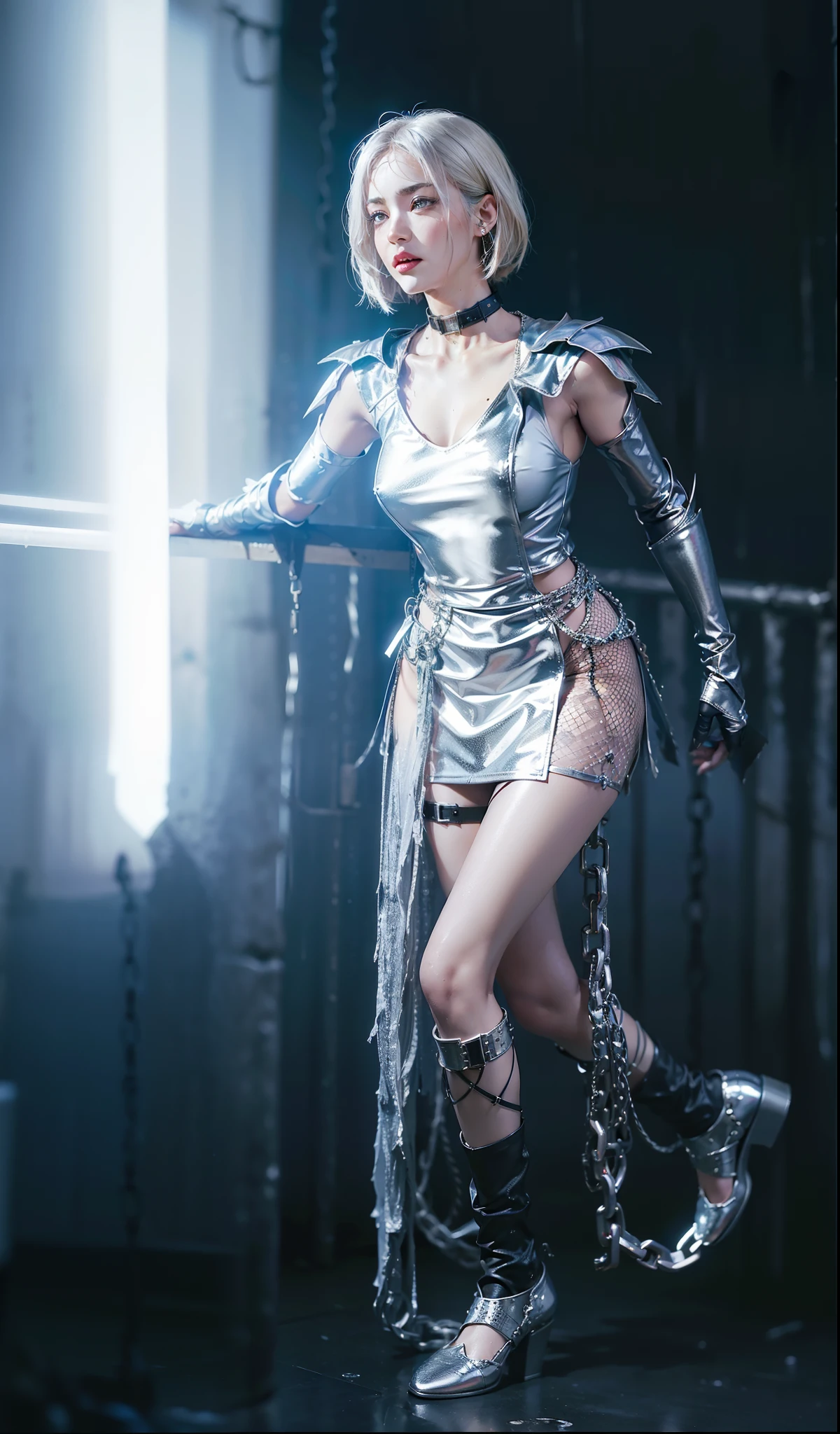 ,((Wearing a torn sheer costume of a superheroine)),(, No bra)), Wet crotch, Wet thighs, Beautiful girl with accentuated slender abs: 1.4, (((nipple tips protruding, areola is protruding, The shape of the pubic region is clearly visible)), sixpack abs: 1.4, Bust Botox, Photo, Sharpness, Unique 850 4, Koda850 k portrait camera, F1.6 shots, Ultra-realistic textures, Spectacular light textures, Cinestil 800 Fashion Mechanics, (futuristic sci-fi battle fashion: 1.1), (tied perfectly by chain), Restraint, Slaves, collars, ((wide prison with sunlight)), Dark fantasy, Realistic material details, extreme hight detail, Ultra-realistic materials ((Torn costume))), Wet, Cloudy, (Chained)), ((big emphasized by chains)), ((chains digging into crotch)), ( (Collar)), (, No bra), shredded costumes, broken golden shields and battle spears,, White combat gloves, Combat shoulder armor, Blood splattered on the face, Blood splattered, Realistic, (Bruises, Dirty, ripped clothing, skimpy clothing, Blood: 1.3), Torn Cape, Torn pantyhose, Long legs, ((iron pipe in the crotch)), Metallic shackles and fetters, ((chains hung from heaven)), Wet crotch is clearly visible, Swarovski's sword and the anatomy beneath his feet, (futuristic sci-fi battle fashion, Torn mesh stockings),Leg repair