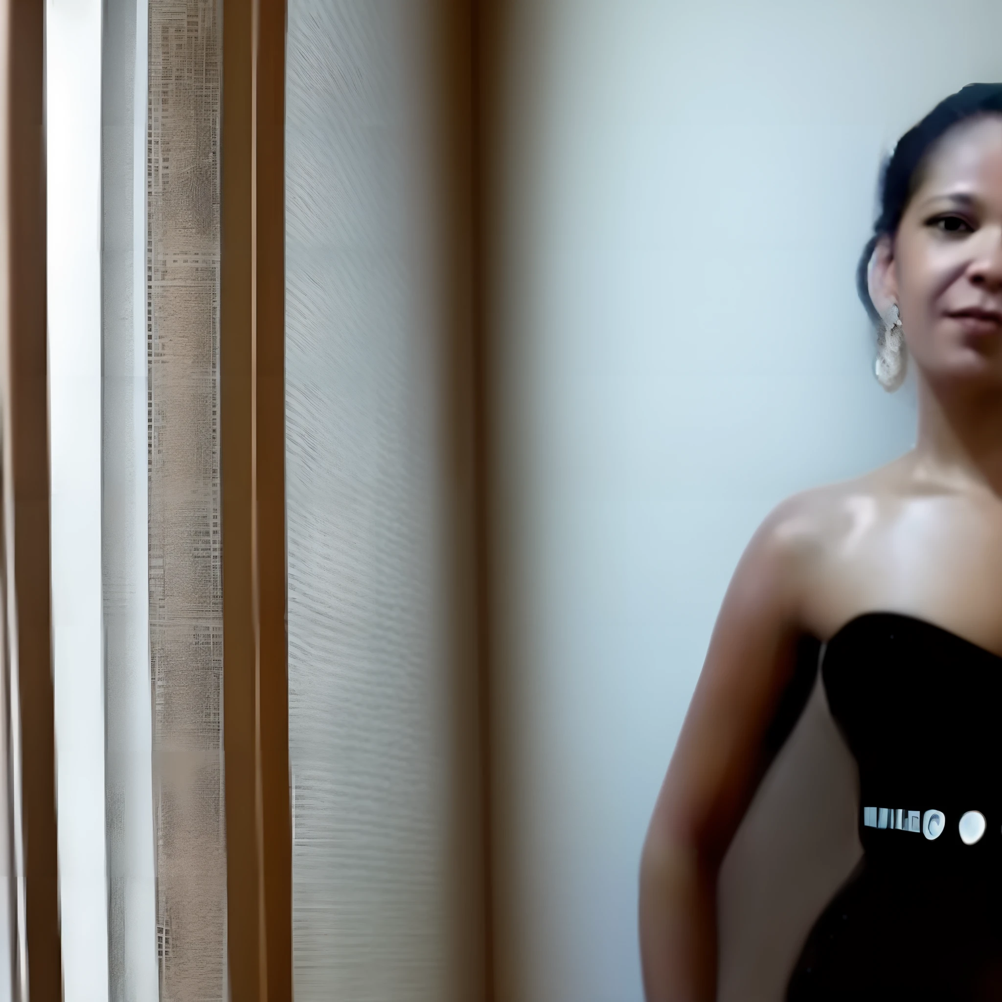There's a woman standing in a room with a dress in, vestido tubo-top, full body photgraph, imagem de perfil, Noite!, Malika Favre, modelo da mulher, Mulher de 30 anos de Cuba, foto de retrato de corpo inteiro, usando um vestido elegante, usando vestido preto, Pose glamourosa, usando um vestido de coquetel, sedutora premiada