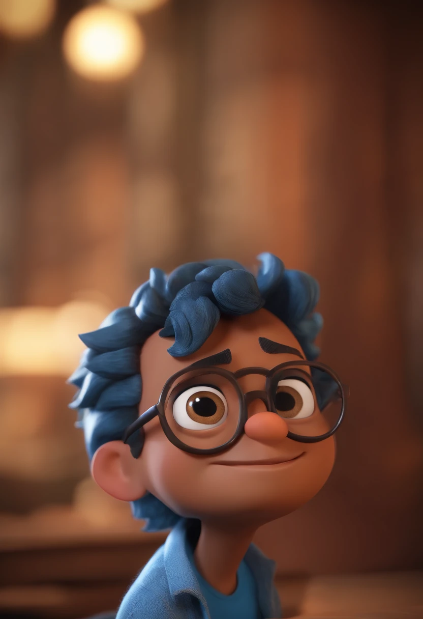 Cartoon character of a man with black glasses, cabelo cacheado marrom escuro e uma camisa azul, animation character, Caractere estilizado, animation style rendering, 3D estilizado, Arnold Maya render, 3 d render stylized, toon render keyshot, Personagem 3D, Personagem 3D, 3d rendering stylized, 3 d character render, personagem de desenho animado, Personagem de close up, Pose de personagem,  (Estilo Pixar) (master part:1.2) (Bokeh) (best quality) (pele detalhada) (textura detalhada) (8k) (argila) (Cinematic lighting) (foco nítido