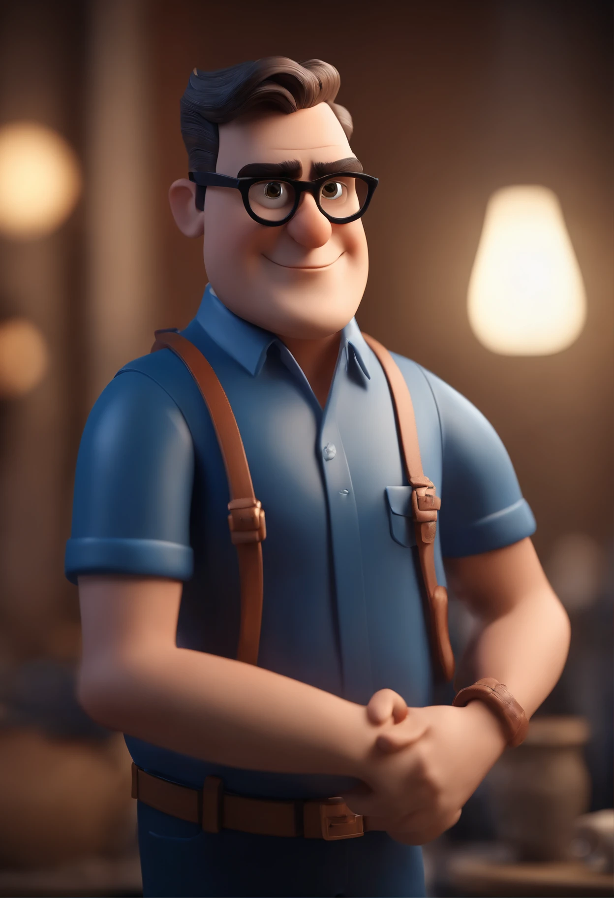 Cartoon character of a man wearing black glasses and a blue shirt, um personagem animado, Caractere estilizado, animation style rendering, 3D estilizado, Arnold Maya render, 3 d render stylized, toon render keyshot, Personagem 3D, Personagem 3D, 3d rendering stylized, 3 d character render, personagem de desenho animado, Personagem de close up, Pose de personagem, (Estilo Pixar) (master part:1.2) (Bokeh) (best quality) (pele detalhada) (textura detalhada) (8k) (argila) (Cinematic lighting) (foco nítido，Senta e vaza a parte superior do corpo