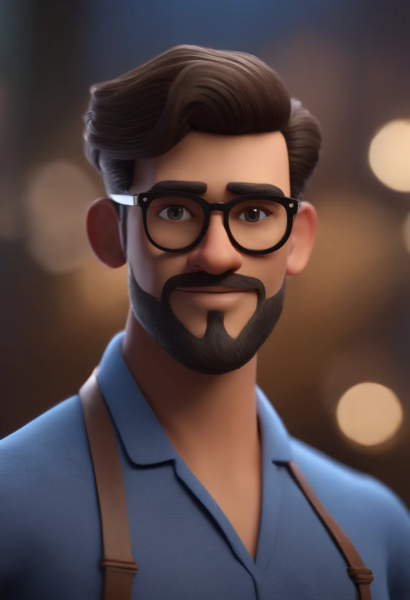 Cartoon character of a man wearing black glasses and a blue shirt, um personagem animado, Caractere estilizado, animation style rendering, 3D estilizado, Arnold Maya render, 3 d render stylized, toon render keyshot, Personagem 3D, Personagem 3D, 3d rendering stylized, 3 d character render, personagem de desenho animado, Personagem de close up, Pose de personagem, (Estilo Pixar) (master part:1.2) (Bokeh) (best quality) (pele detalhada) (textura detalhada) (8k) (argila) (Cinematic lighting) (foco nítido，Senta e vaza a parte superior do corpo
