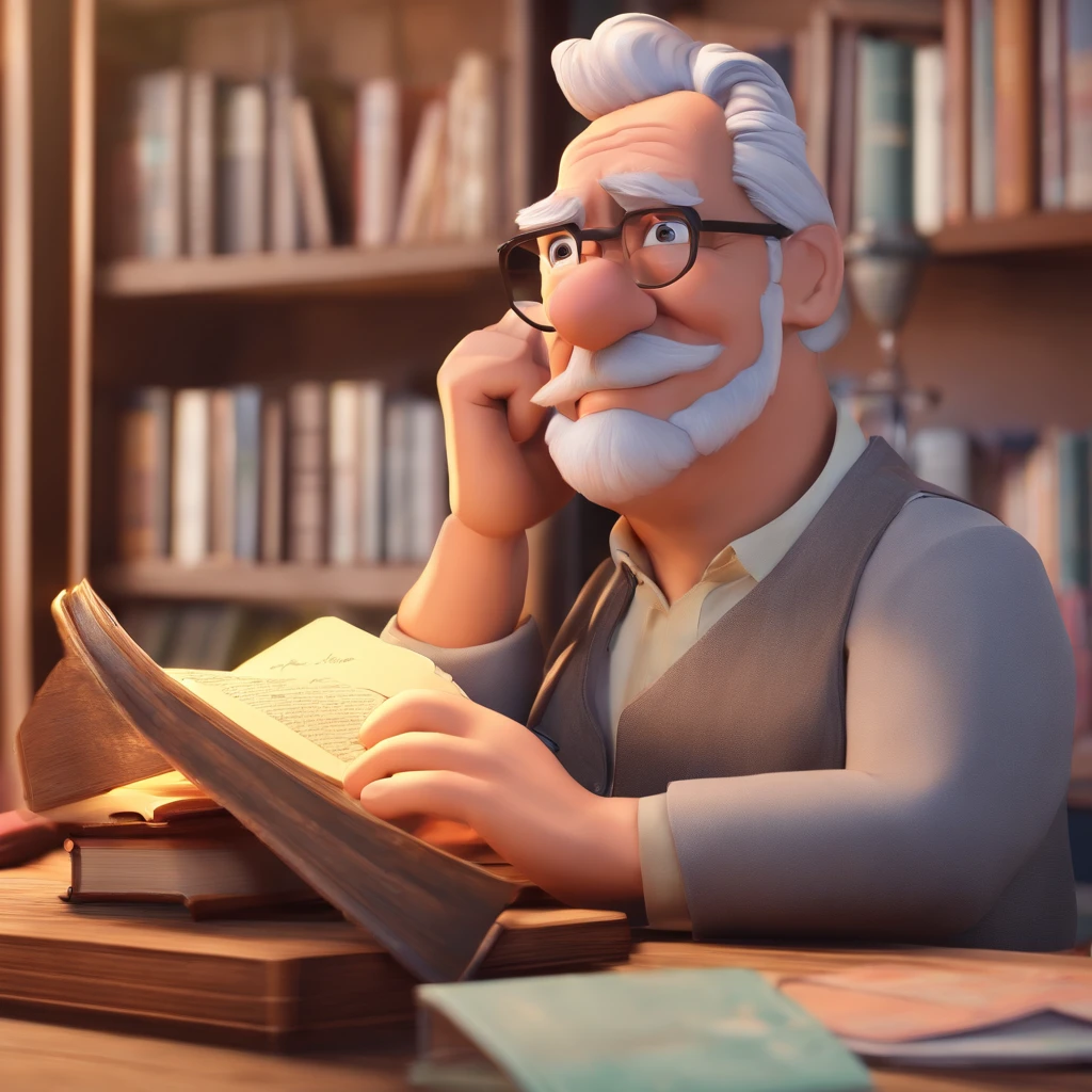 Crie um cartaz inspirado na Disney Pixar com o personagem sendo o pastor Rubens Janier, A gray-haired man wearing glasses, in an office with a Bible on the table