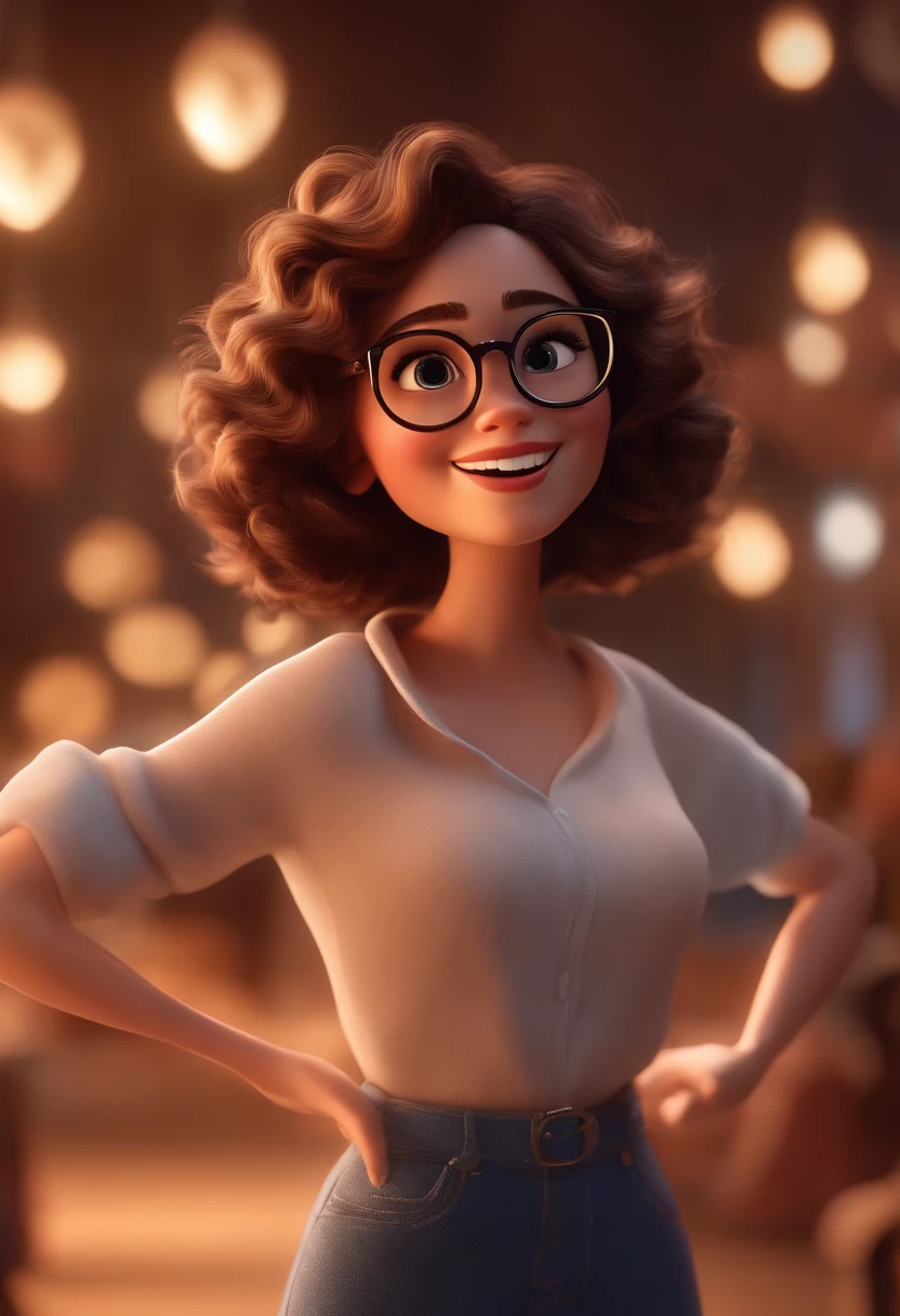 Pixar style image with 3D character white glasses brunette woman short curly hair dancing, Maquiagem Disney,fofo, adolable, sorridente ,Close-up, Pixar, Disney, Cinema lighting,