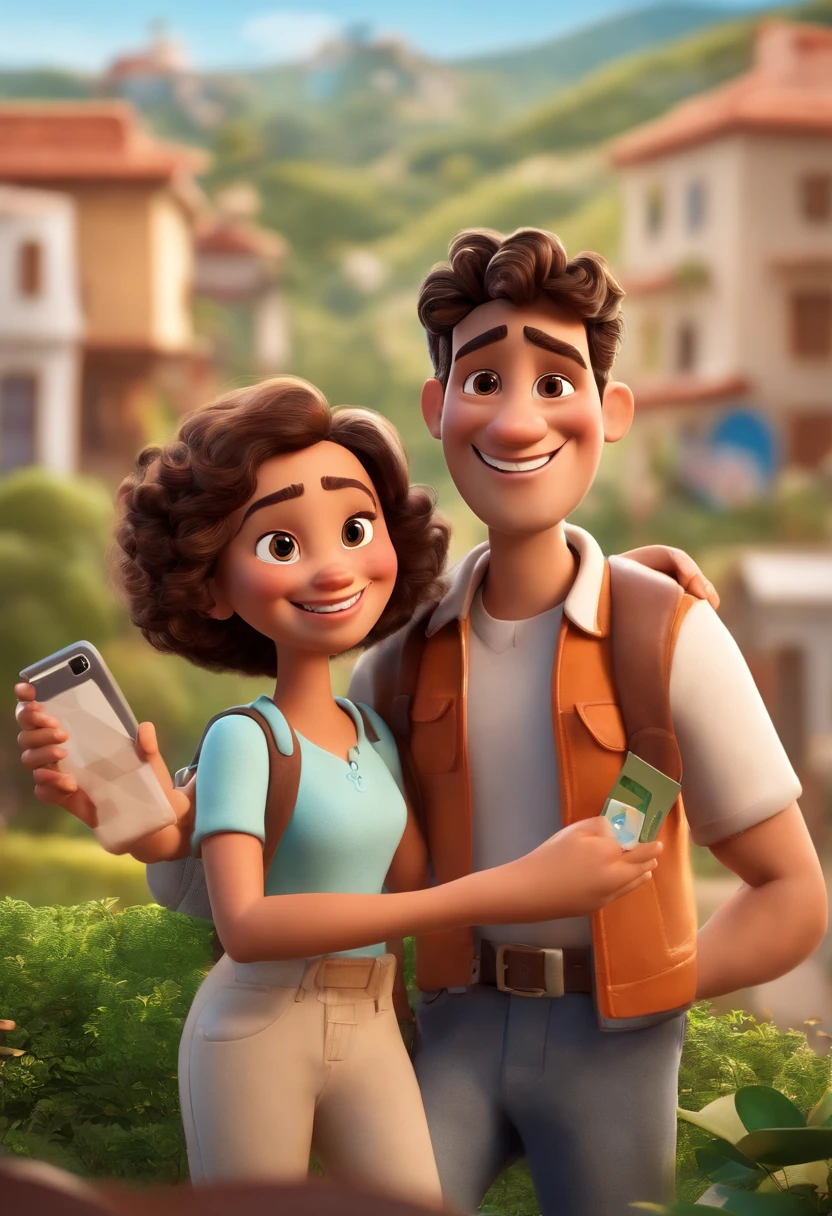 I would like a 3D Disney Pixar movie poster man, white, 35 years old, with a low beard and stubble, low cut hair, closed eyes, smiling, with a flat nose, with a white shirt without a tie, Brazilian, humble, brown color , taking a selfie. This man is close to a family, 2 children, father and mother, and one of the children must hold a credit card. Everyone is happy and smiling. Against the background of the city of Brazil with houses in the background, natural lighting, a clean and sunny day, with a happy population, Caractere estilizado, animation style rendering, 3D estilizado, Arnold Maya render, 3 d render stylized, toon render keyshot, Personagem 3D, Personagem 3D, 3d rendering stylized, 3 d character render, personagem de desenho animado, Personagem de close up, Pose de personagem, (Estilo Pixar) (master part:1.2) (Bokeh) (best quality) (pele detalhada) (textura detalhada) (8k) (argila) (Cinematic lighting) (foco nítido
