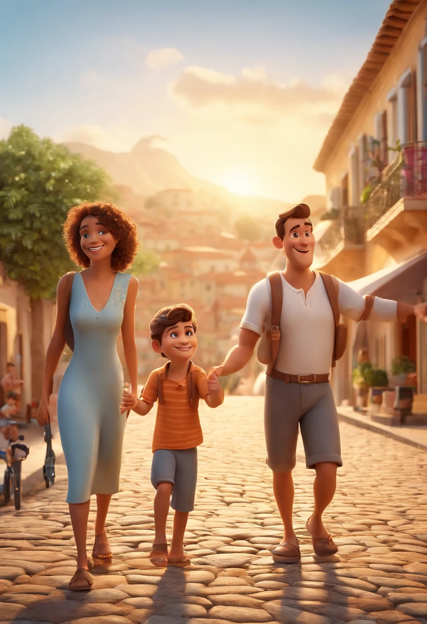 I would like a 3D Disney Pixar movie poster man, white, 35 years old, with a low beard and stubble, low cut hair, closed eyes, smiling, with a flat nose, with a white shirt without a tie, Brazilian, humble, brown color , taking a selfie. This man is close to a family, 2 children, father and mother, and one of the children must hold a credit card. Everyone is happy and smiling. Against the background of the city of Brazil with houses in the background, natural lighting, a clean and sunny day, with a happy population, Caractere estilizado, animation style rendering, 3D estilizado, Arnold Maya render, 3 d render stylized, toon render keyshot, Personagem 3D, Personagem 3D, 3d rendering stylized, 3 d character render, personagem de desenho animado, Personagem de close up, Pose de personagem, (Estilo Pixar) (master part:1.2) (Bokeh) (best quality) (pele detalhada) (textura detalhada) (8k) (argila) (Cinematic lighting) (foco nítido