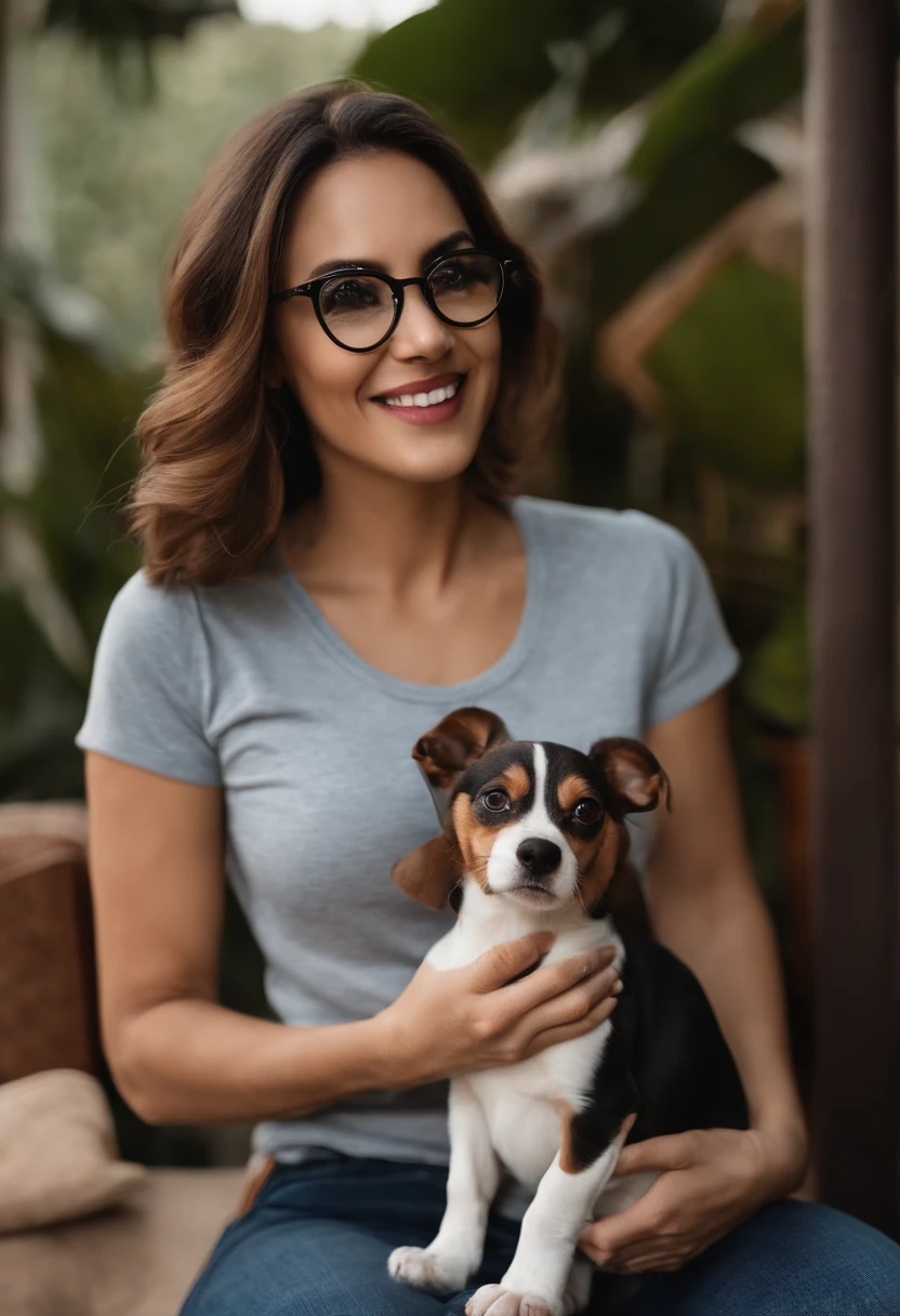 Estilo Pixar. Casal abracados. com um filhote de cachorro beagle marrom. A menina tem os cabelos loiros amarrados, Camiseta cinza e jeans claro, white glasses. O menino de cabelos pretos com cabelos grisalhos, barba pequena, oculos, Dark blue jeans and gray t-shirt. They are both smiling and are 40 years old and have 2 more cats