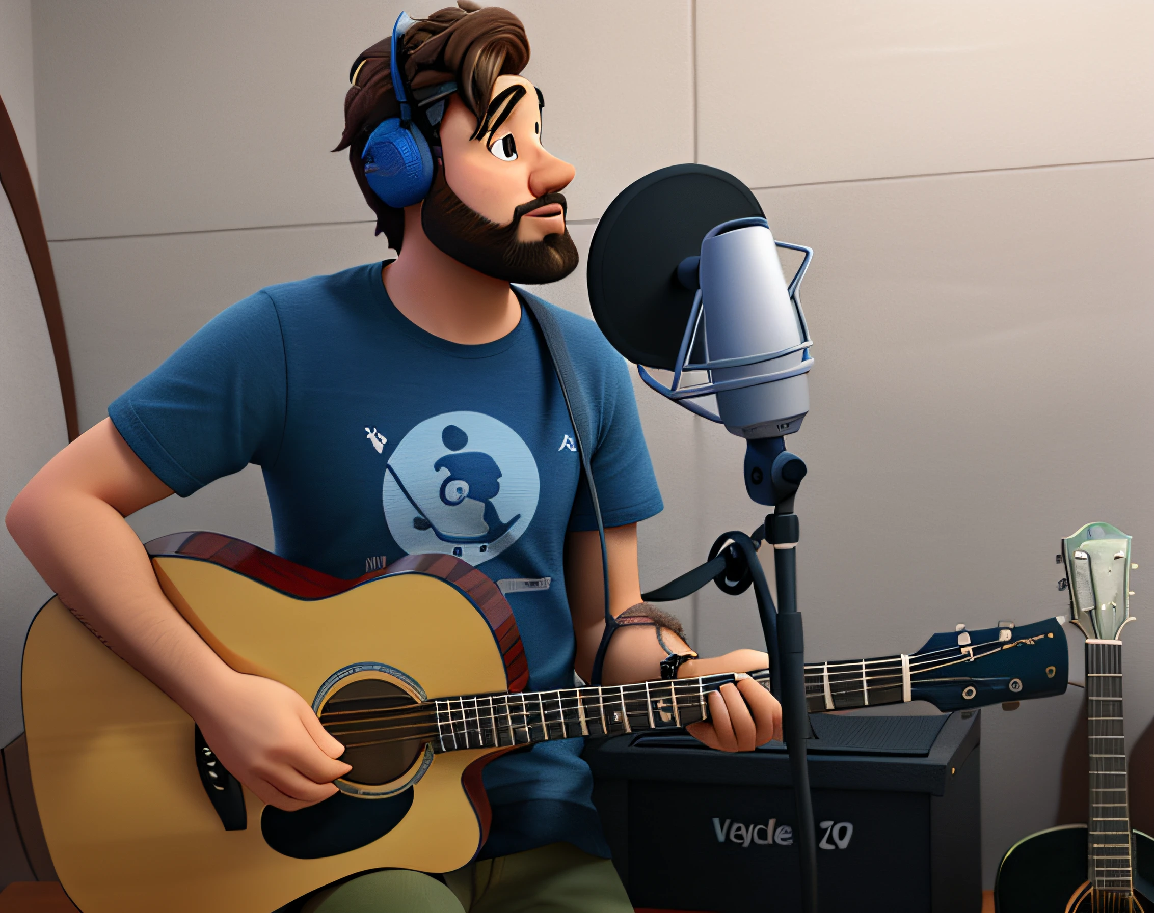 art pixar, moreno barbudo, Playing guitar and singing in the voice studio