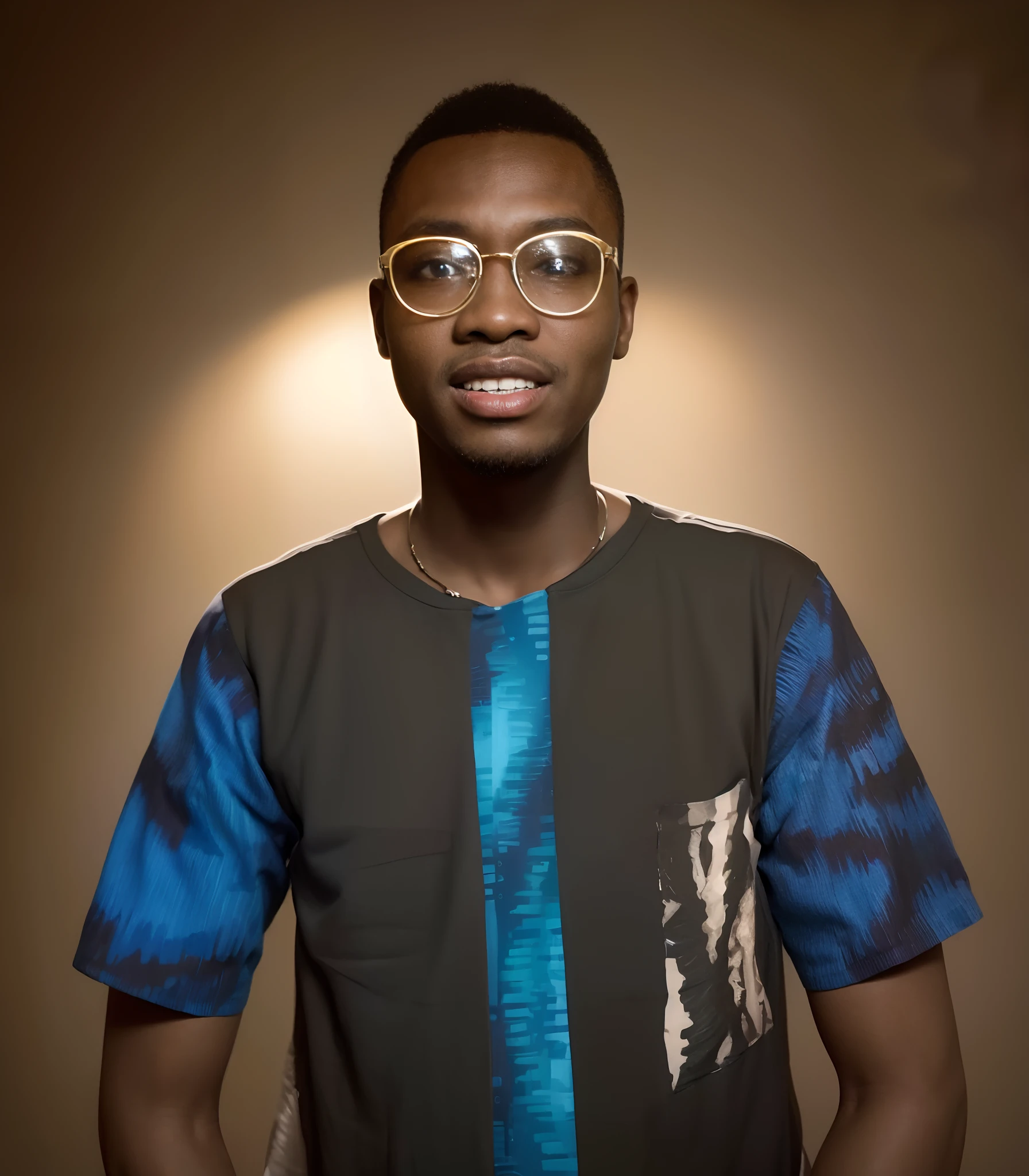 Man wearing a blue shirt and glasses in front of a wall, inspirado em Chinwe Chukwuogo-Roy, David Uzochukwu, Directed by: Chinwe Chukwuogo-Roy, Areas of Adebanji, oi marca ( Akwaaba Tommy ), em estilo de davey adesida, Godwin Akpan, Emmanuel Shiru