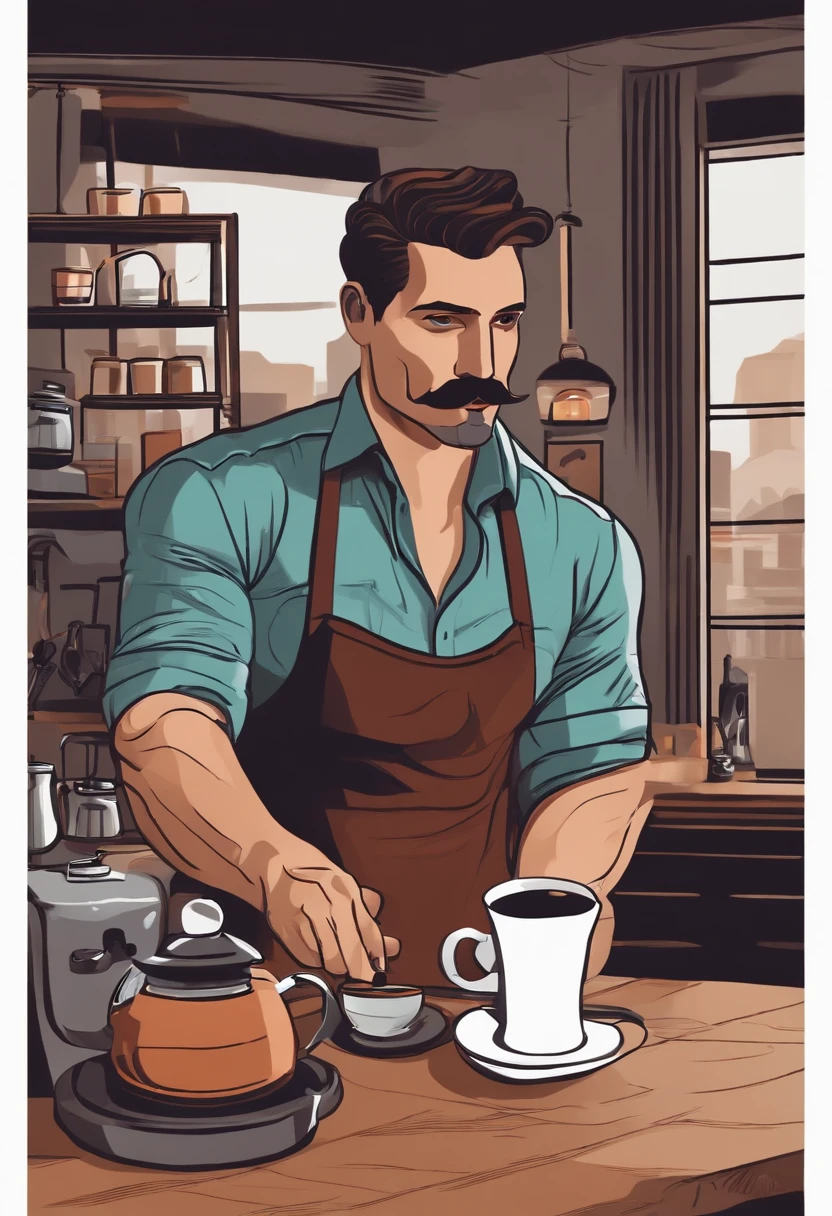 homem de 36 anos, Wearing a mustache and making coffee in a coffee shop