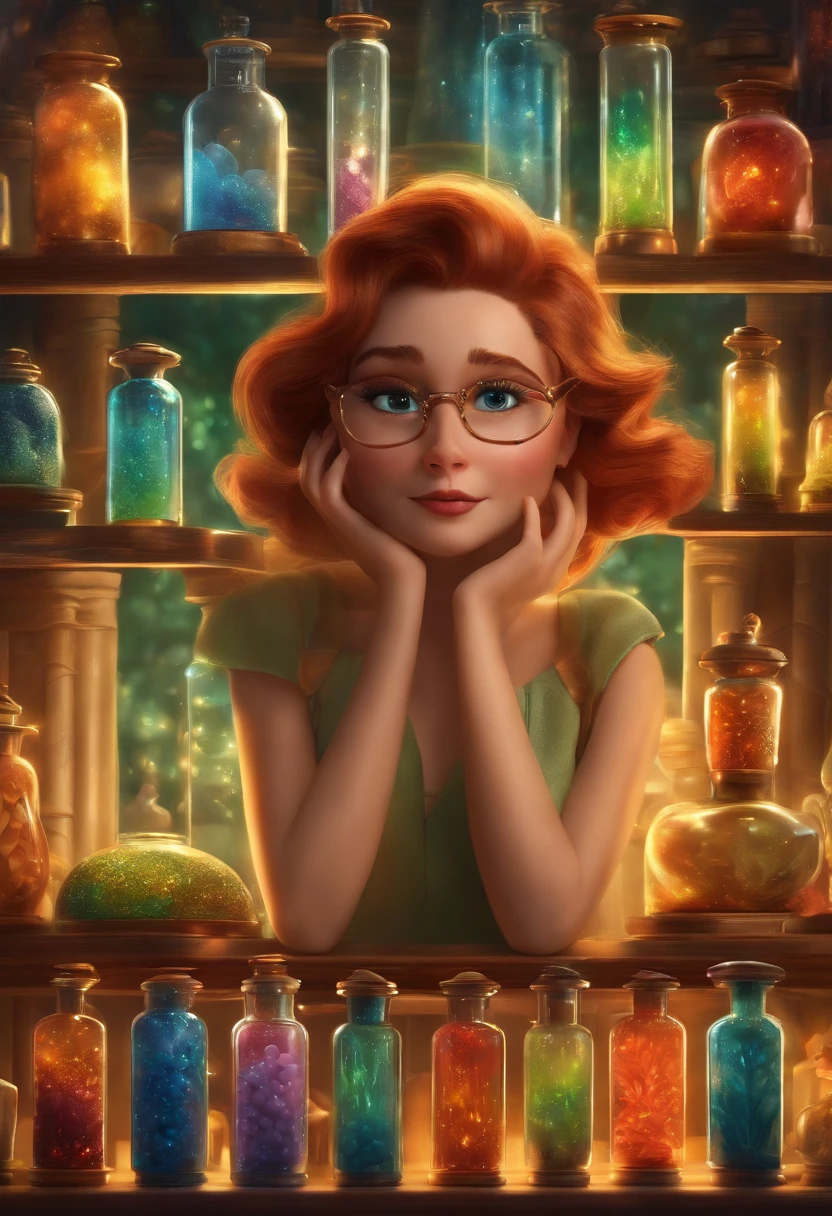 A collector of ideas inspired by Pixar animation, de perto. She is surrounded by a collection of magic vials, each containing a unique idea. The focus is on the character, with a captivating facial expression, Against a backdrop of shimmering, cores efervescentes.