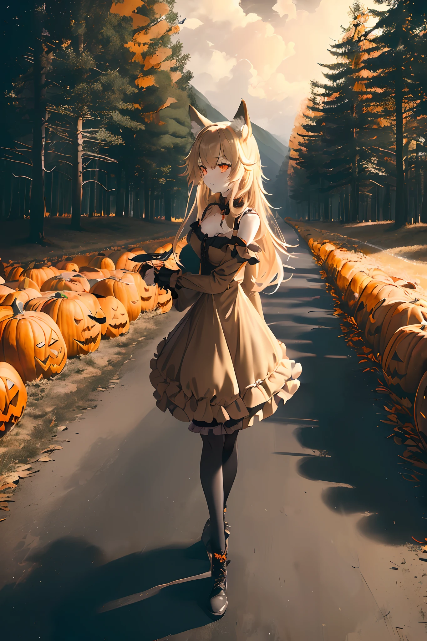 1girl, solo, masterpiece, (tall fit girl:1.3), (long messy beige hair:1.2), wolf ears, orange eyes, small breasts, masterpiece, (full body:1.2), (long goth tight dress with frills:1.3), (dark, night, horror:1.3), (halloween forest:1.3), paved path, sky, trees, clouds,