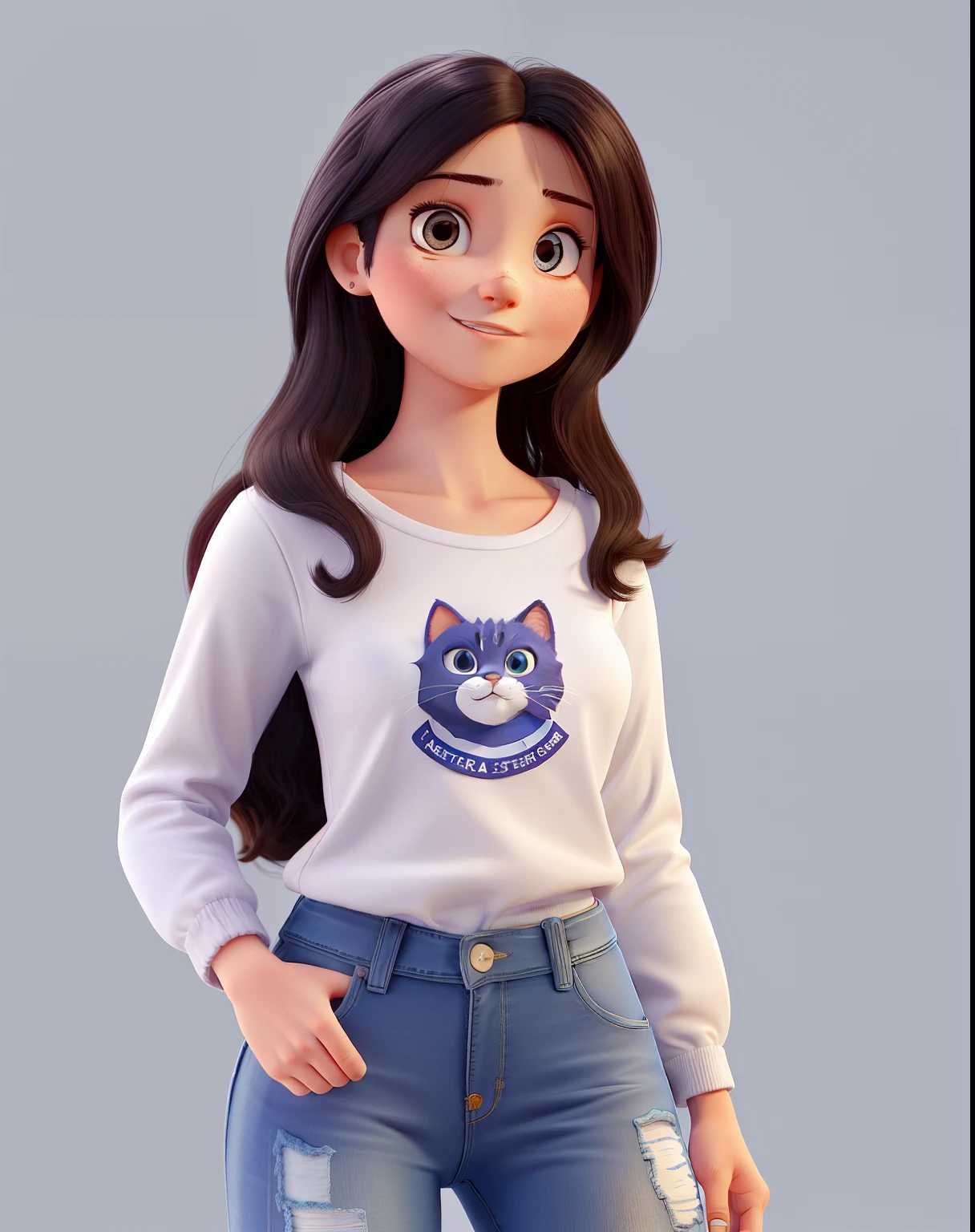 A twenty-three-year-old woman style, estatura pequena, midle body, with jeans, blusa cor preta, cabelo e olhos escuros, pele clara, White image background and various cats background