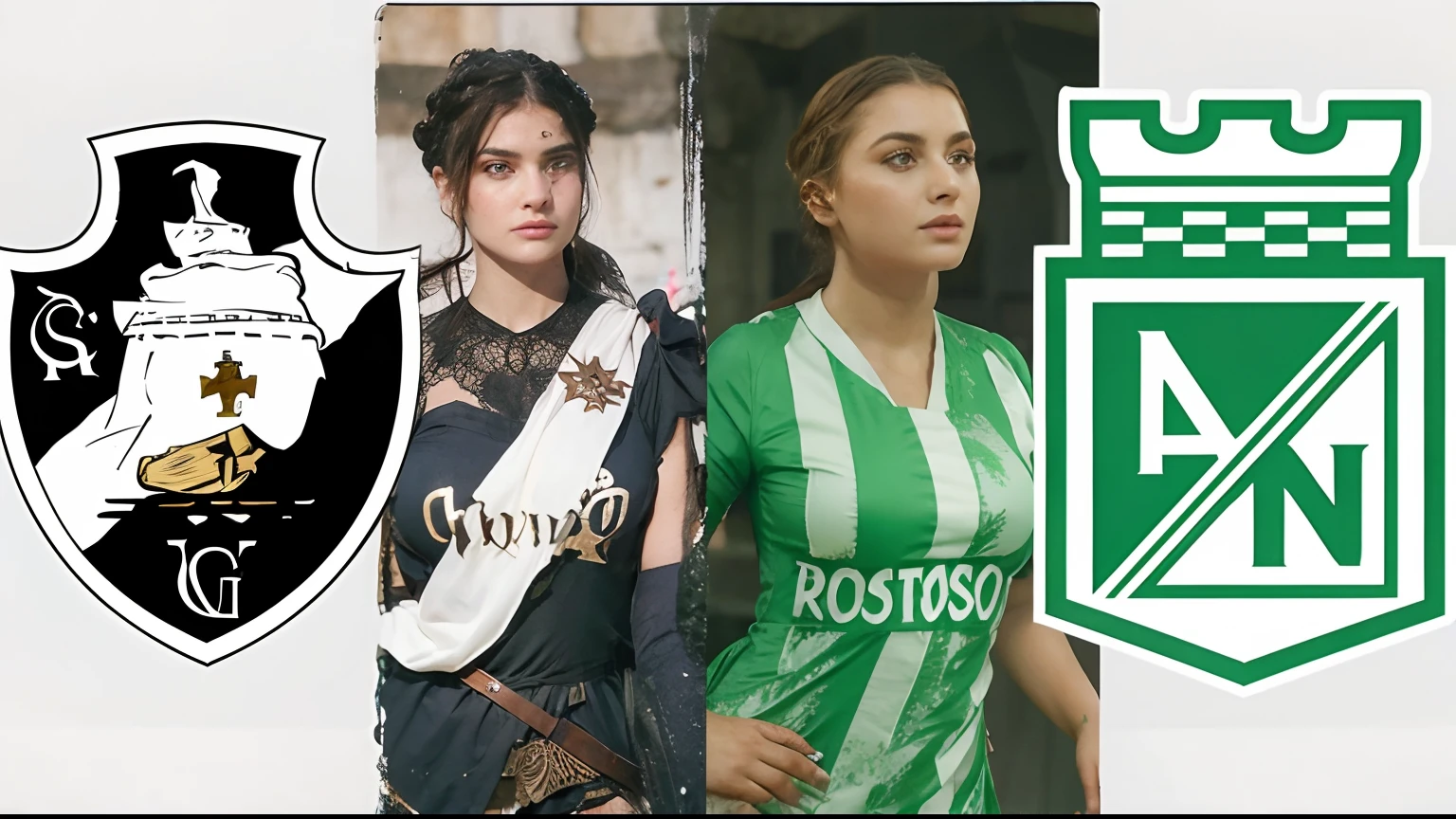 Duas rainhas rivais em guerra, vestida em roupa medieval de guerra, banhadas de joiaz elas tem o rosto lindo e corpo charmoso, seios grandes, Thick thighs they're lovely