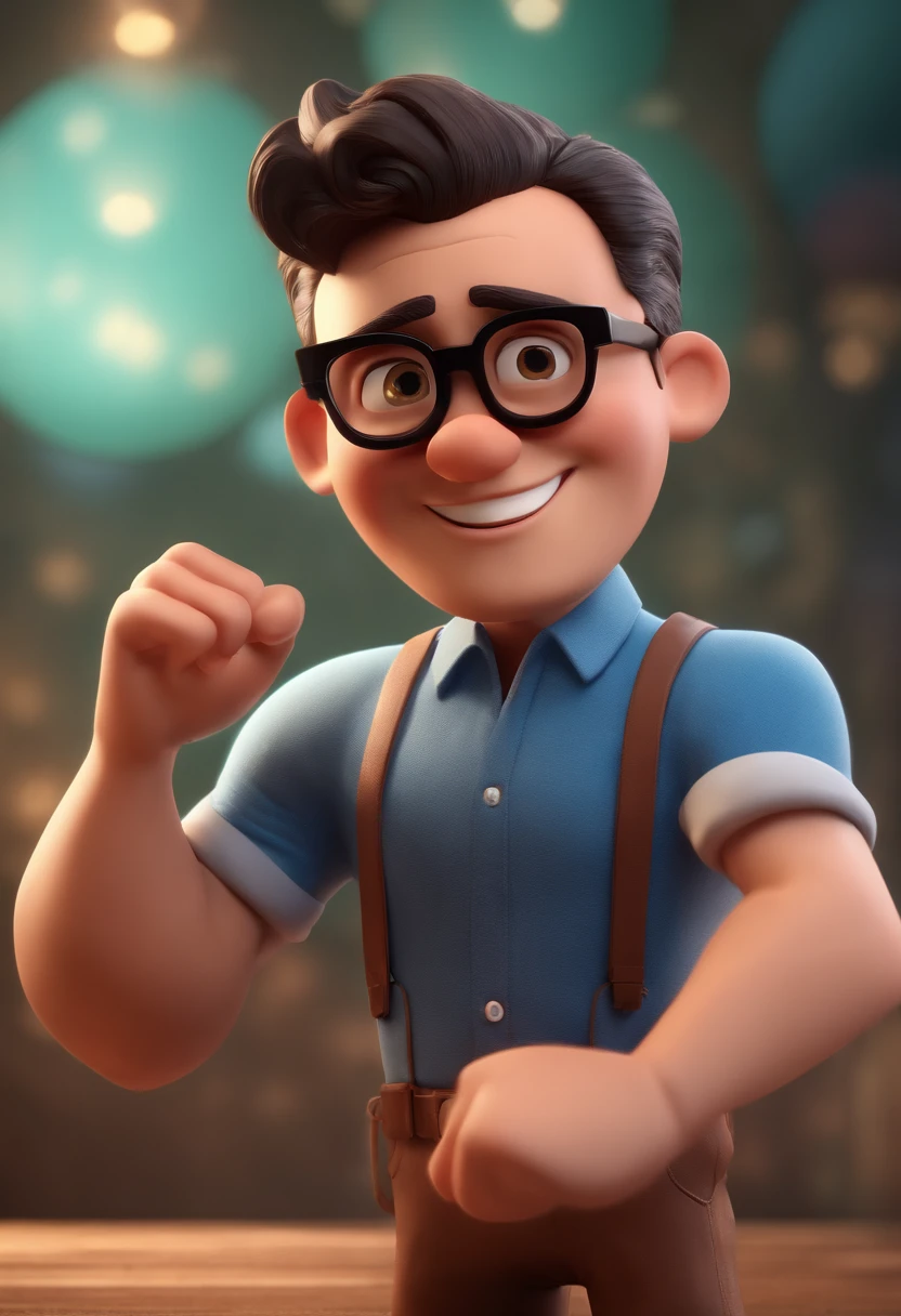 Cartoon character of a man with black glasses and a blue shirt, animation character, Caractere estilizado, animation style rendering, 3D estilizado, Arnold Maya render, 3 d render stylized, toon render keyshot, Personagem 3D, Personagem 3D, 3d rendering stylized, 3 d character render, personagem de desenho animado, Personagem de close up, Pose de personagem,  (Estilo Pixar) (master part:1.2) (Bokeh) (best quality) (pele detalhada) (textura detalhada) (8k) (argila) (Cinematic lighting) (foco nítido