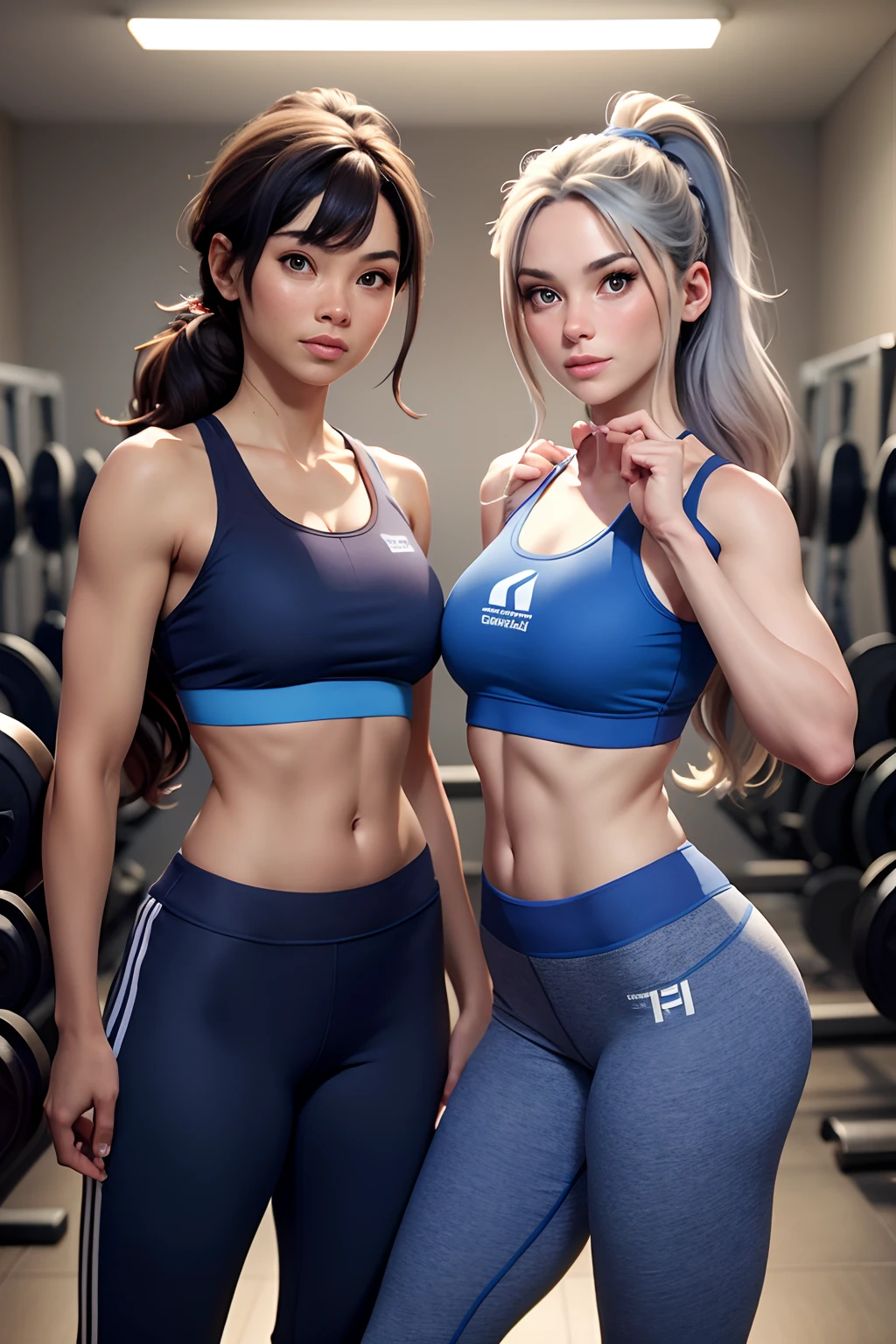 The image features two women wearing matching outfits, consisting of a blue sports bra and grey leggings. Both women are standing in a room, possibly a gym or a studio, and are posing for the camera. The outfits are designed to be comfortable and functional for physical activities, such as running or working out. The women's attire showcases their commitment to fitness and their shared interest in sports or exercise.