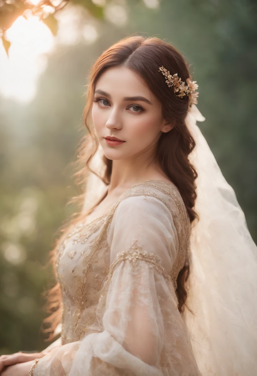 (highres:1.2),vibrant colors,detailed eyes and face,soft lighting,portrait,beautiful glowing skin,long flowing hair,expressive pose,natural scenery,historical architecture,delicate jewelry,ethereal atmosphere,serene expression,enchanted garden,subtle makeup,graceful posture,traditional costume,sublime beauty,feminine features.