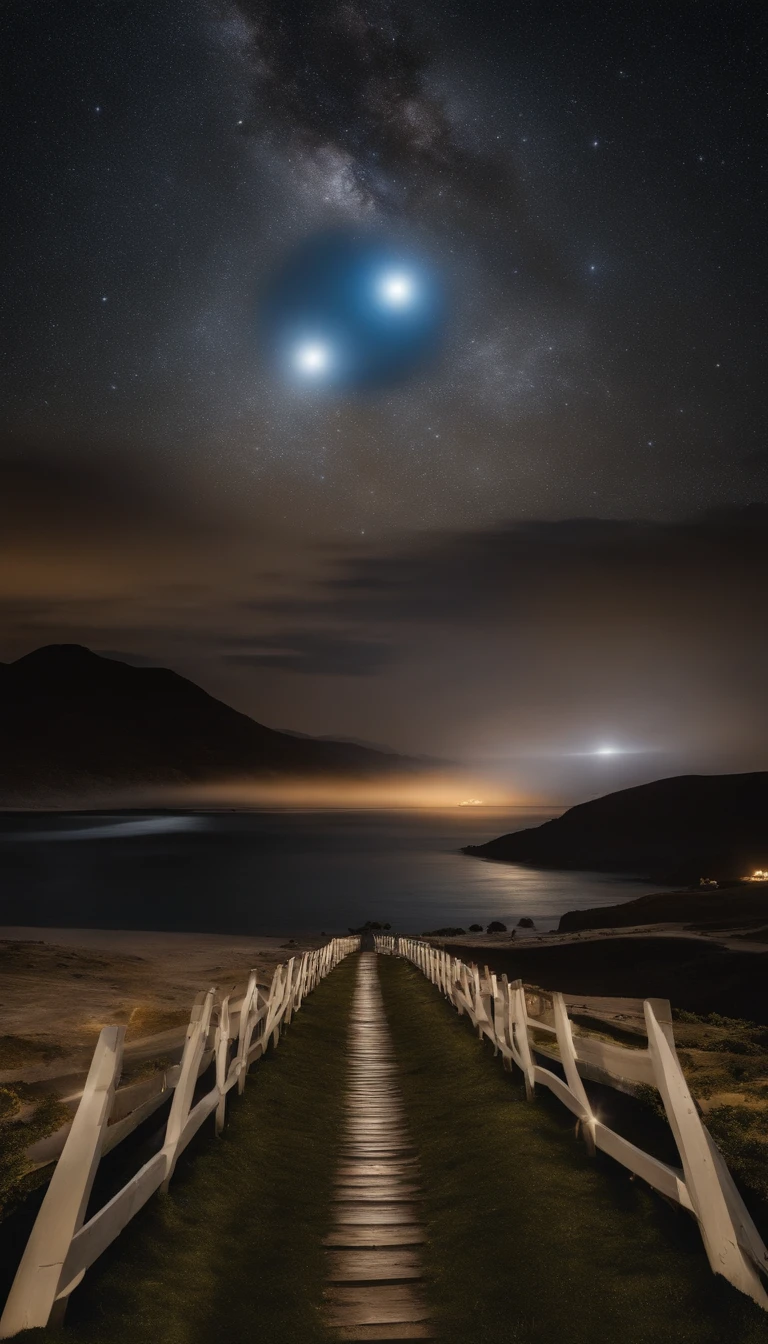 ((Obra maestra)),(La mejor calidad)),Magnificent spatial image scene,Tres lunas,Interestelar,Enormes puertas estelares,nave estelar,Cielo estrellado brillante,8k,Super-fino,alta calidad