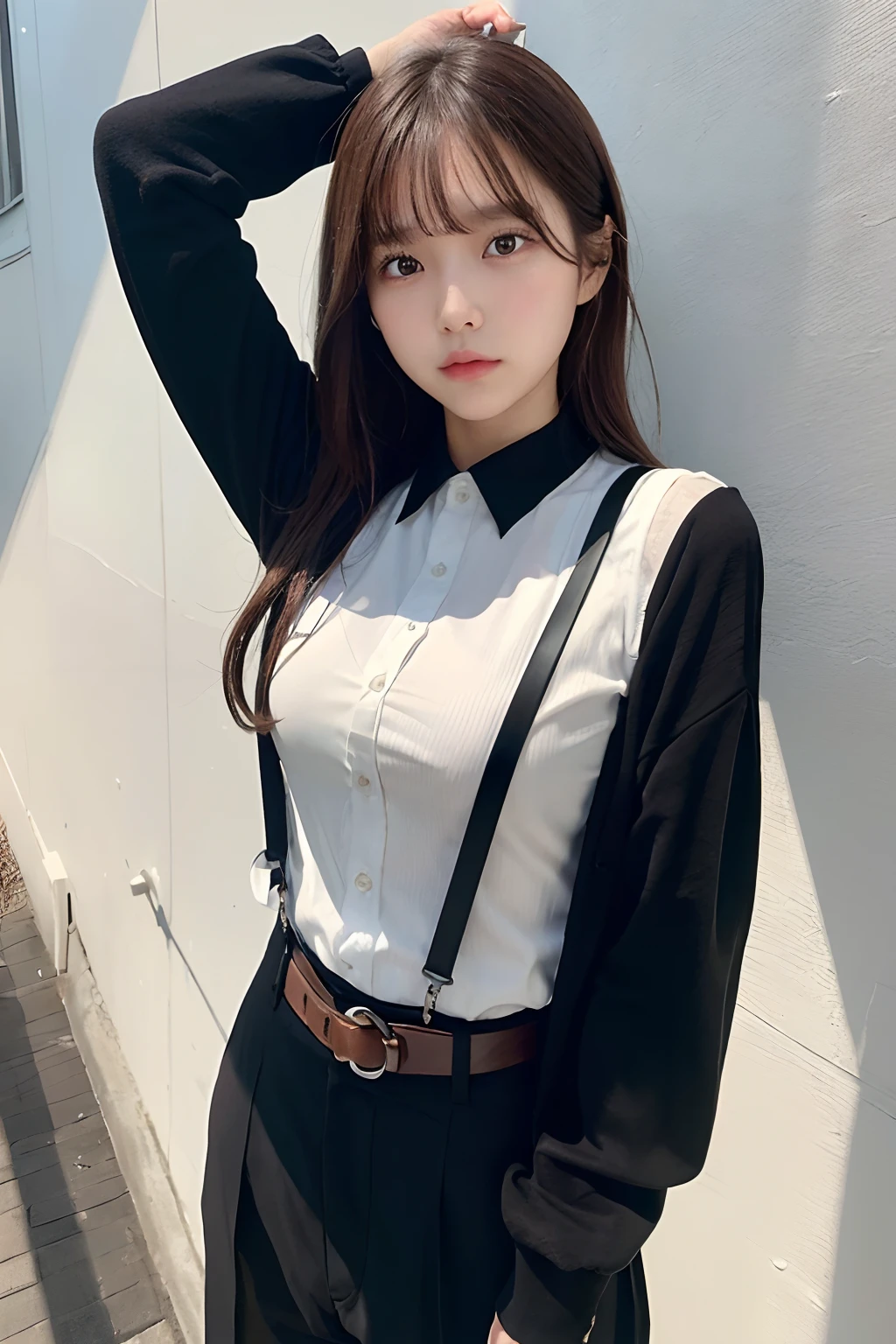 ​masterpiece、flat-colors、depth of fields、lens flare 1 girl、、Brown hair、watching at viewers　　　　a belt　black suspenders　　　huge-breasted　　　 　 Armpit sweat　perspiring　Side of both hands　　walls: 　Black pants, Black jacket holster　arm　Leg holster　　　arma　Gaze　　　Small face