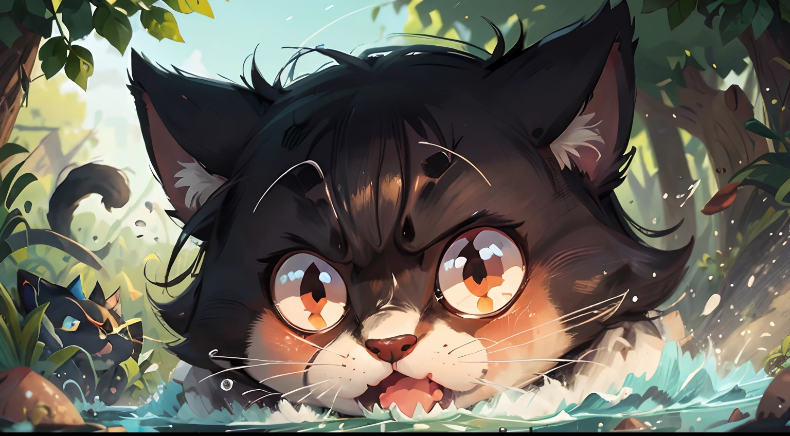 a close-up of Baron Bad Cat, with black fur and white belly, with his (((eyes))) (((surprised))) and (((scared))), inside the farm lake making a splash.
