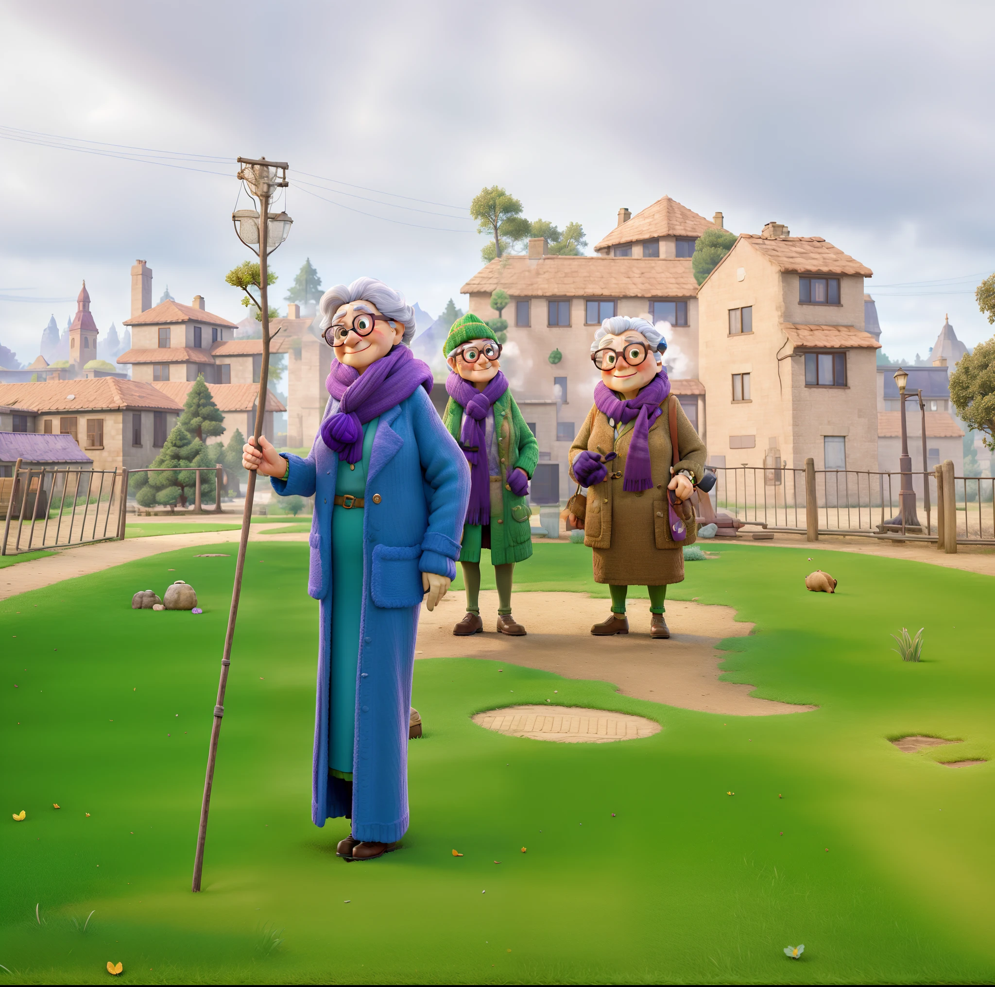 masterpiece, best quality, an old woman with glasses and a scarf on, wearing a purple coat and green scarf, standing at the park