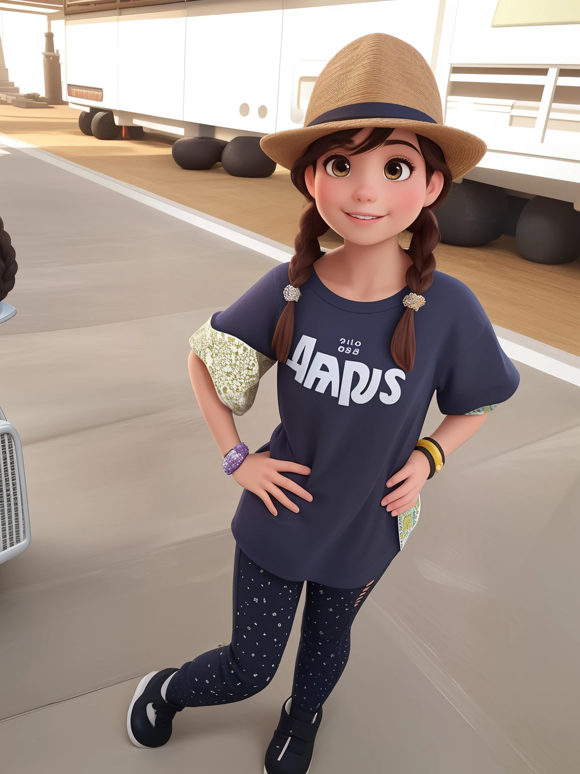 Menina de cinco anos, cabelos castanhos, braid in hair, sobrancelha grossa. No estilo Disney Pixar
