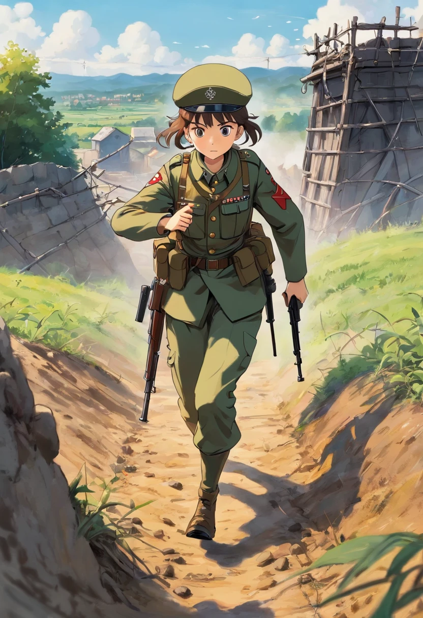 (a female soldier,),pickelhaube, battlefield, trenches, gunfire, strategic maneuvers, camouflage, barbed wire, explosions, muddy terrain, courage, determination, historical accuracy, realistic portrayal
