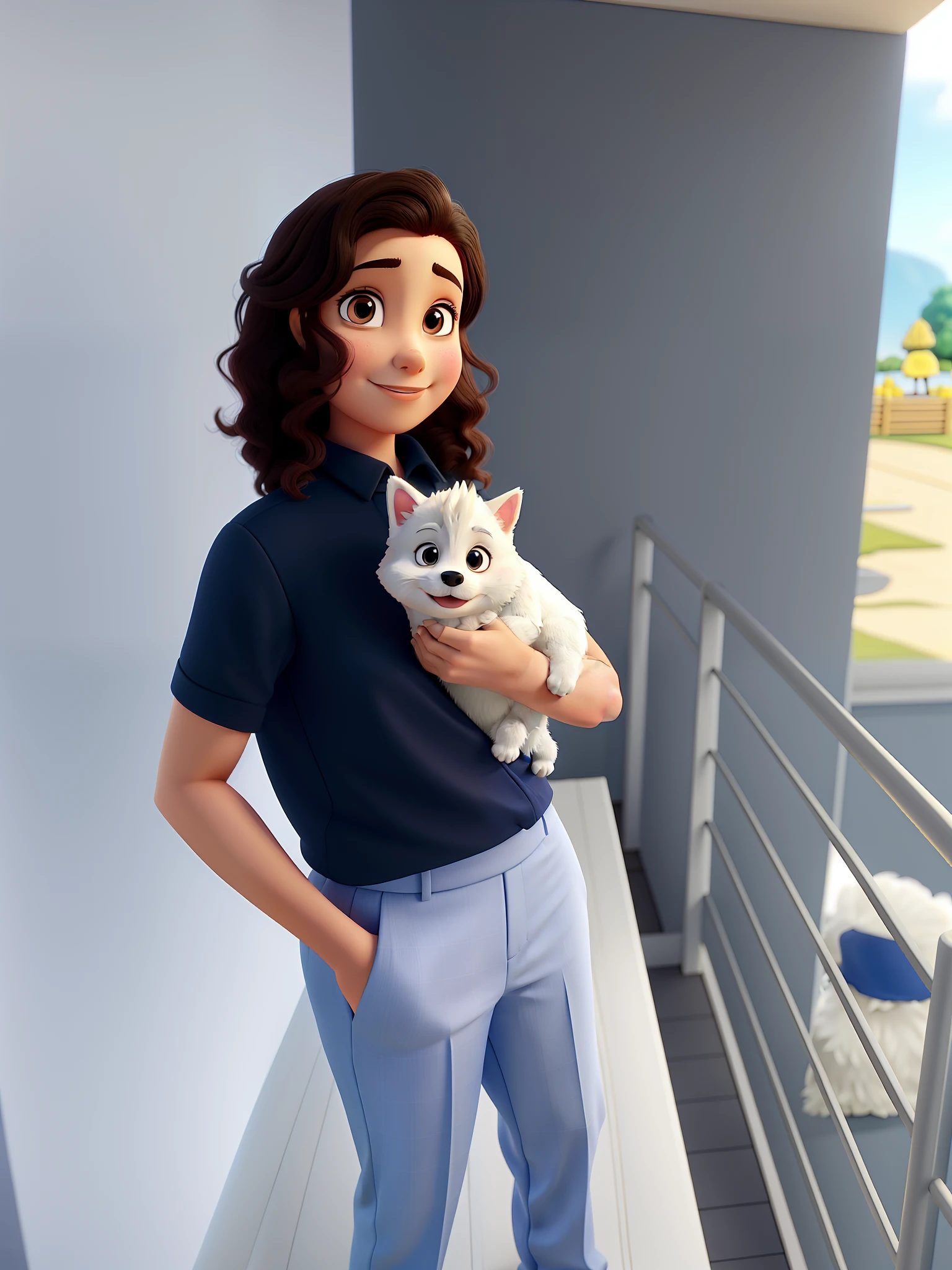Dayani is dressed in dress clothes holding her white german spitz puppy. Change the background to a landscape with trees and a sunny day. Imagem estilo Disney pixar realista.